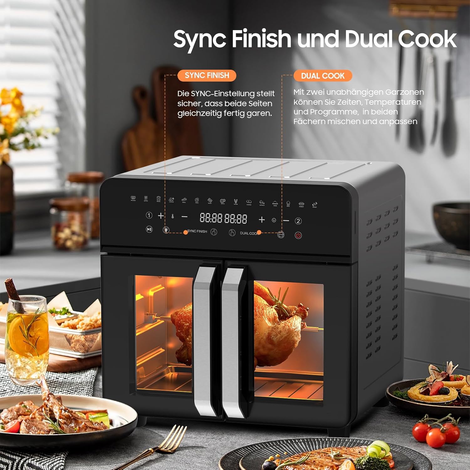 Heißluftfritteuse 23L Dual Zone – XXL Airfryer mit französischer Tür, Heißluftfritteuse mit Doppelkammer, 15 Programme, 2200 W, 12 Zubehörteile, herausnehmbare Trennwand für den Garraum, 50–200 °C – Bild 5
