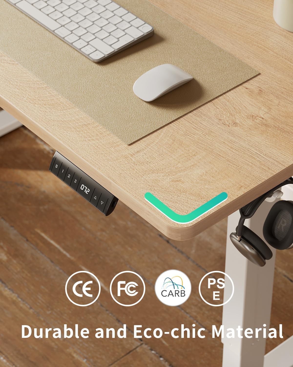 FEZIBO Höhenverstellbarer Schreibtisch, einteilige Tischplatte, 120 x 60 cm, Schreibtisch höhenverstellbar mit USB-A- und USB-C-Ladeanschlüssen, Stehsitztisch für Home Office, Stehpult, Eiche – Bild 7