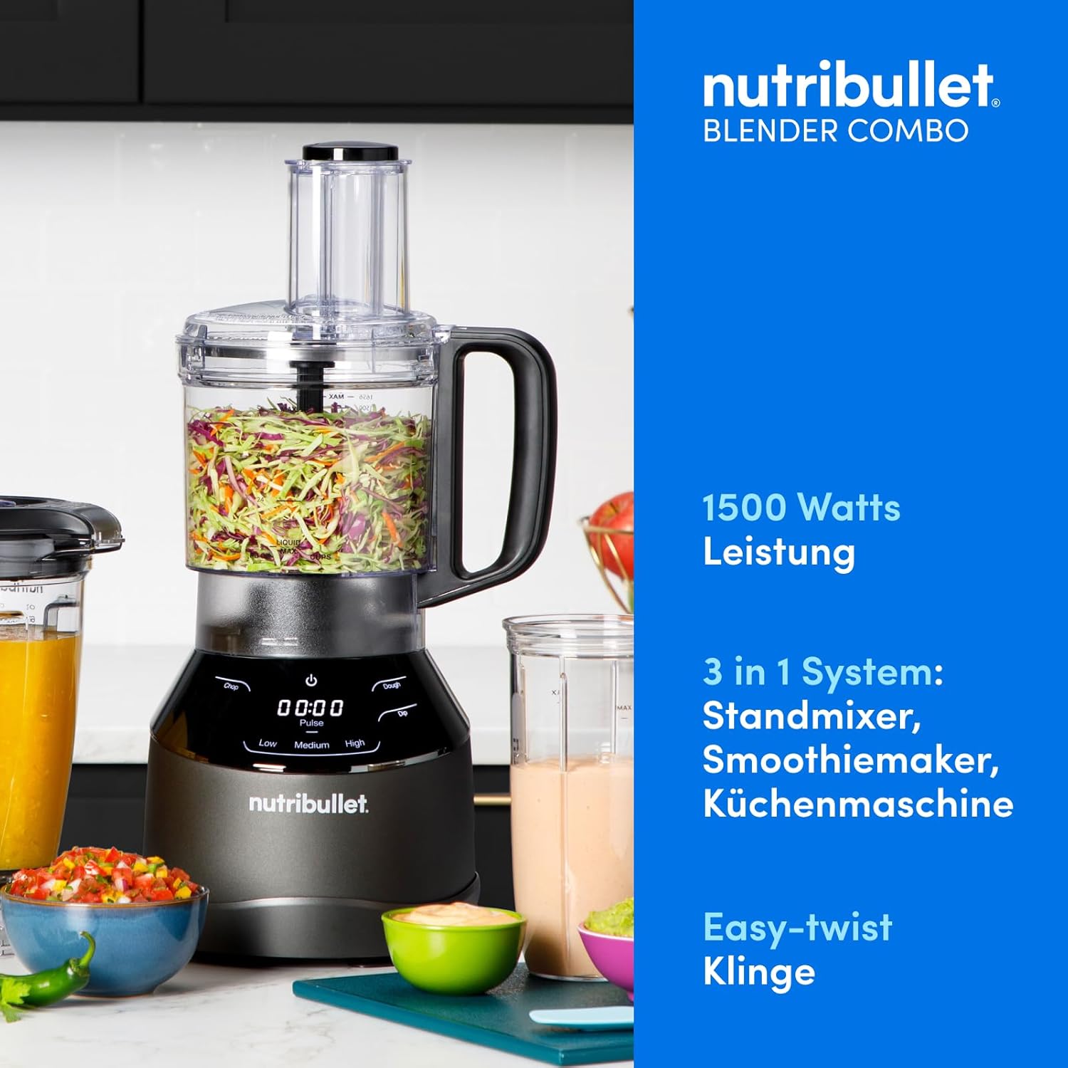 Nutribullet Full Size Blender Combo, elektrischer Mixer, multifunktionaler Zerkleinerer, professionell, 1200 Watt Leistung, 1,89 l Krug, 946 ml und 710 ml Gläser, Schwarz, NBF580B – Bild 2