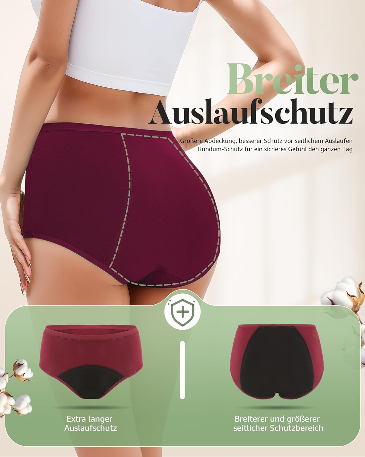 TANSTC Periodenunterwäsche Starke Blutungen Unterwäsche Damen Baumwolle Menstruationsunterwäsche Mädchen Hohe Taille Perioden Menstruationsunterwäsche Frauen Slips 3er Pack – Bild 2