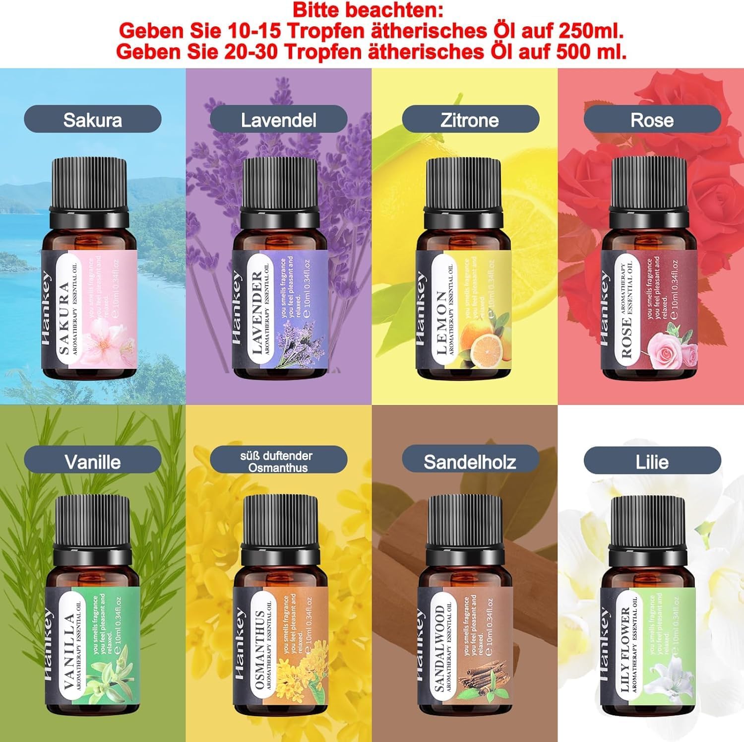 500 ml Aromadiffusor für ätherische Öle, Aromatherapie-Diffusor mit 8 Ölen, Fernbedienung, 4 Timer, 14 Farben und 2 Sprühmodi (Goldgelb) – Bild 4