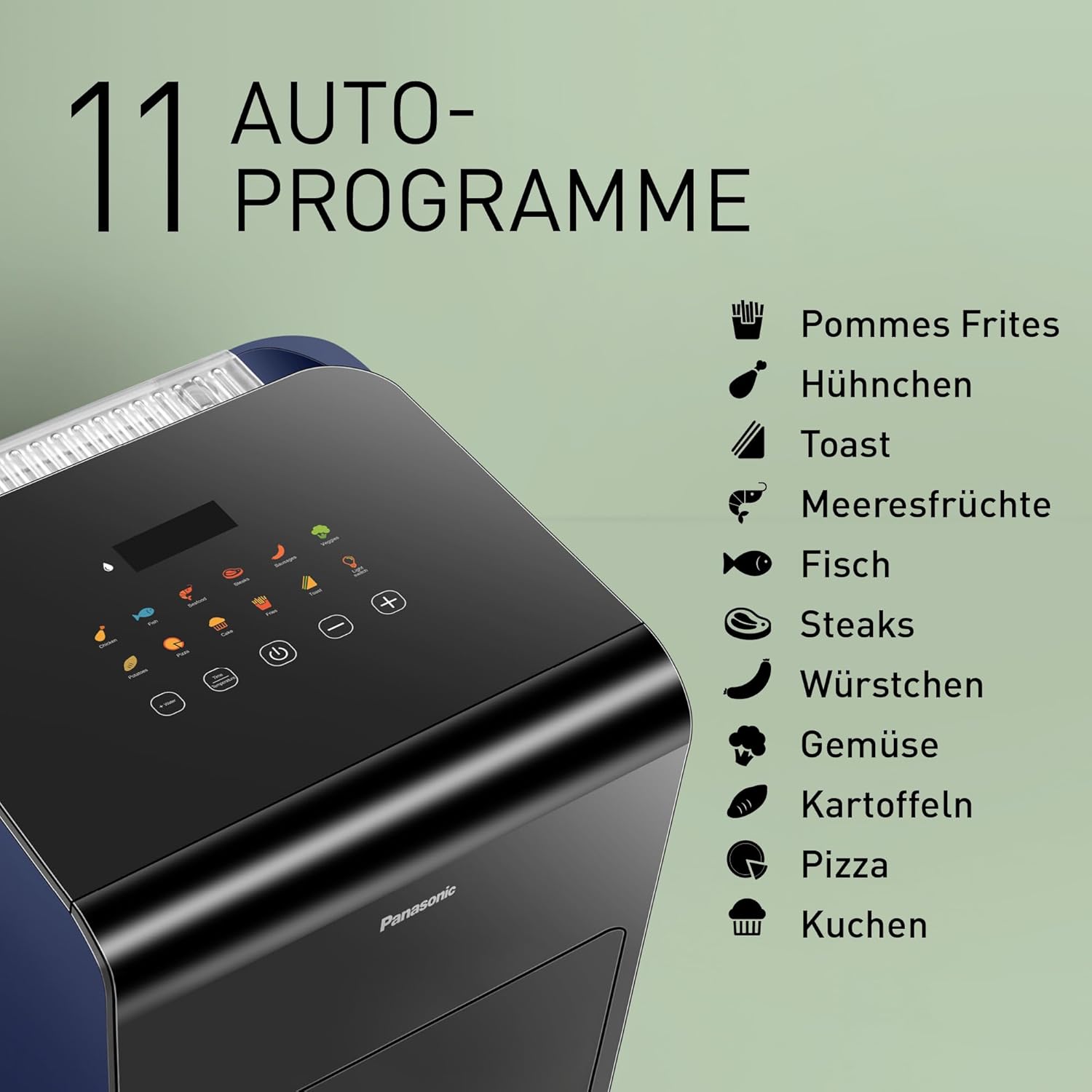 Panasonic NF-CC600AXE Heißluftfritteuse mit Sichtfenster, 6 l, 80–200 °C, digitaler Timer und LCD-Display, sanfte Dampfzugabe, 11 Voreinstellungen, einfache Reinigung, schwarz mit roségoldenem Griff – Bild 6