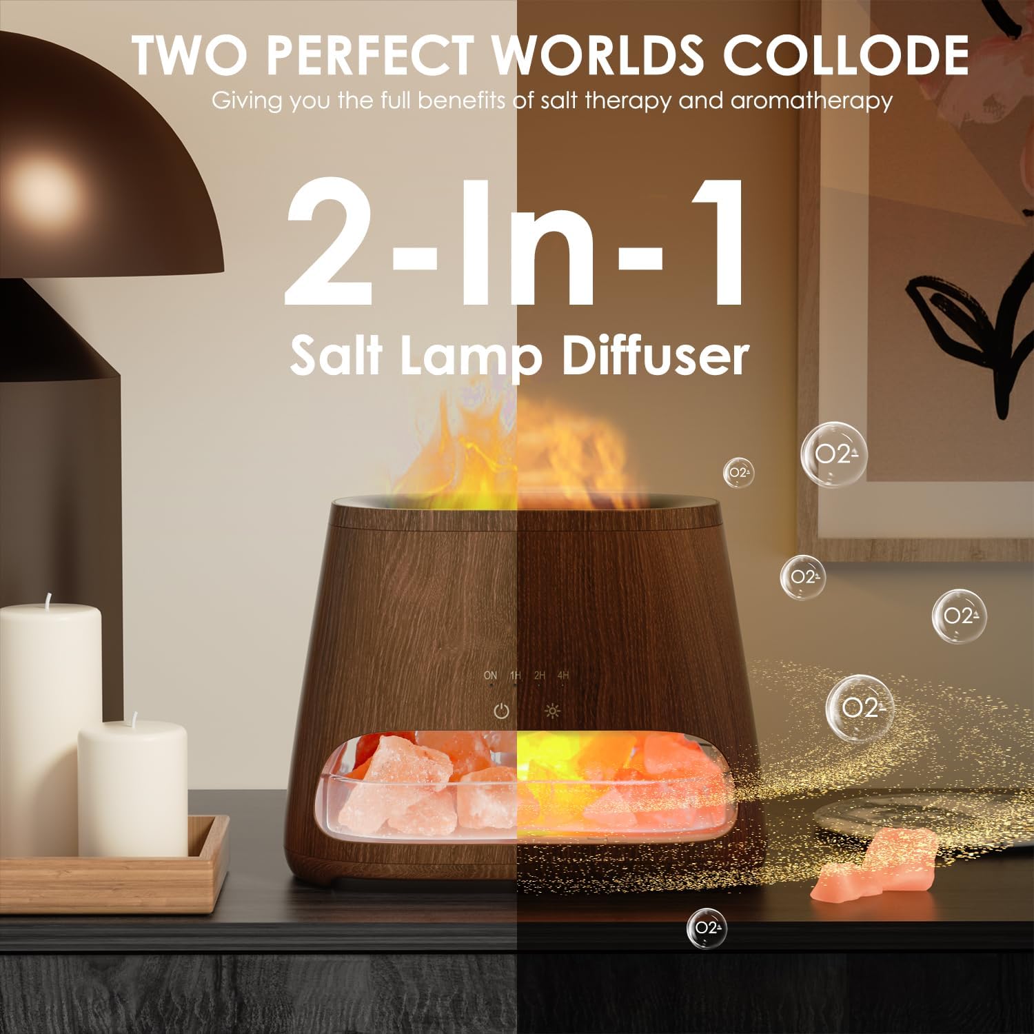 SALKING 2-in-1-Aromadiffusor & Salzreihe Pakistan Light, Flammeneffekt-Diffusor für ätherische Öle, Diffusor-Kühler-Nebel-Luftbefeuchter mit 3 Helligkeiten, 150 ml (Dunkles Holz) – Bild 3