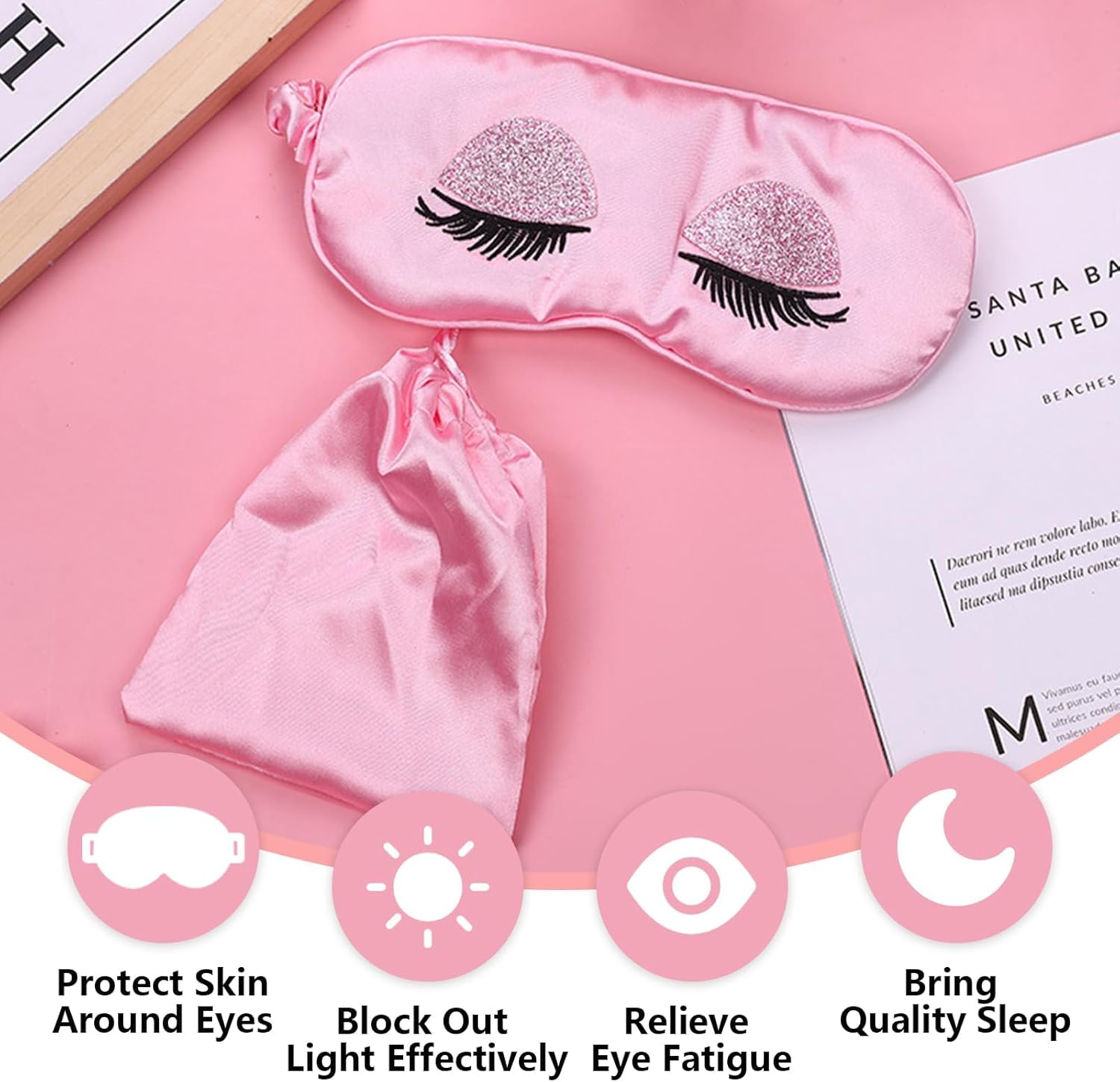 Seiden-Schlafmaske, weiche Satin-Schlafmasken, Augenmaske, verstellbare Seide, atmungsaktive Reise-Augenbinde, hautfreundlich, ultraweiche Verdunkelungs-Schlafmaske für Mädchen, Frauen, Damen, Pink – Bild 6