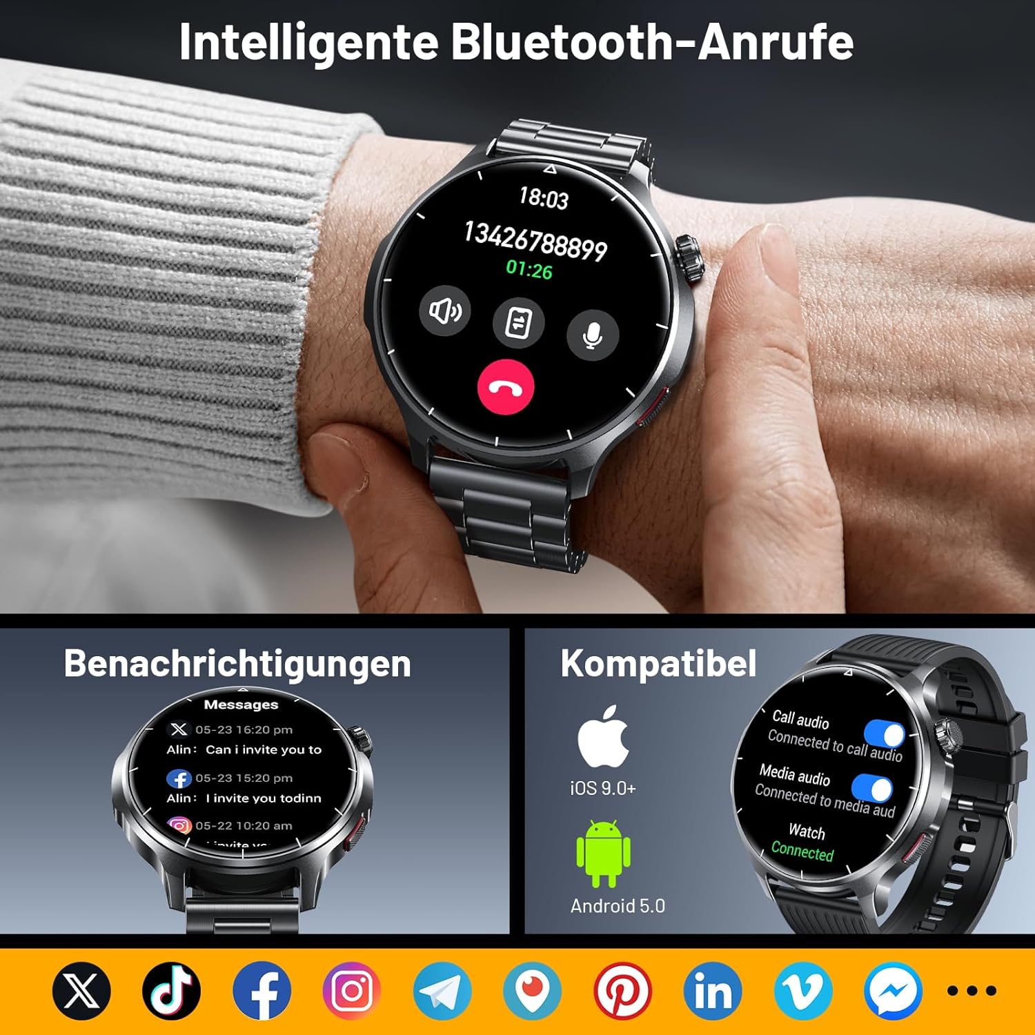 SLOKSFil Smartwatch Herren 1000 mAh Akku/1,52 Zoll HD Touchscreen, mit Bluetooth Anrufen/110+ Sportmodi/24H Herzfrequenz/IP68 Wasserdicht/Schlafmonitor, Schrittzähler, Fitnessuhr, Android iOS (Schwarz) – Bild 3