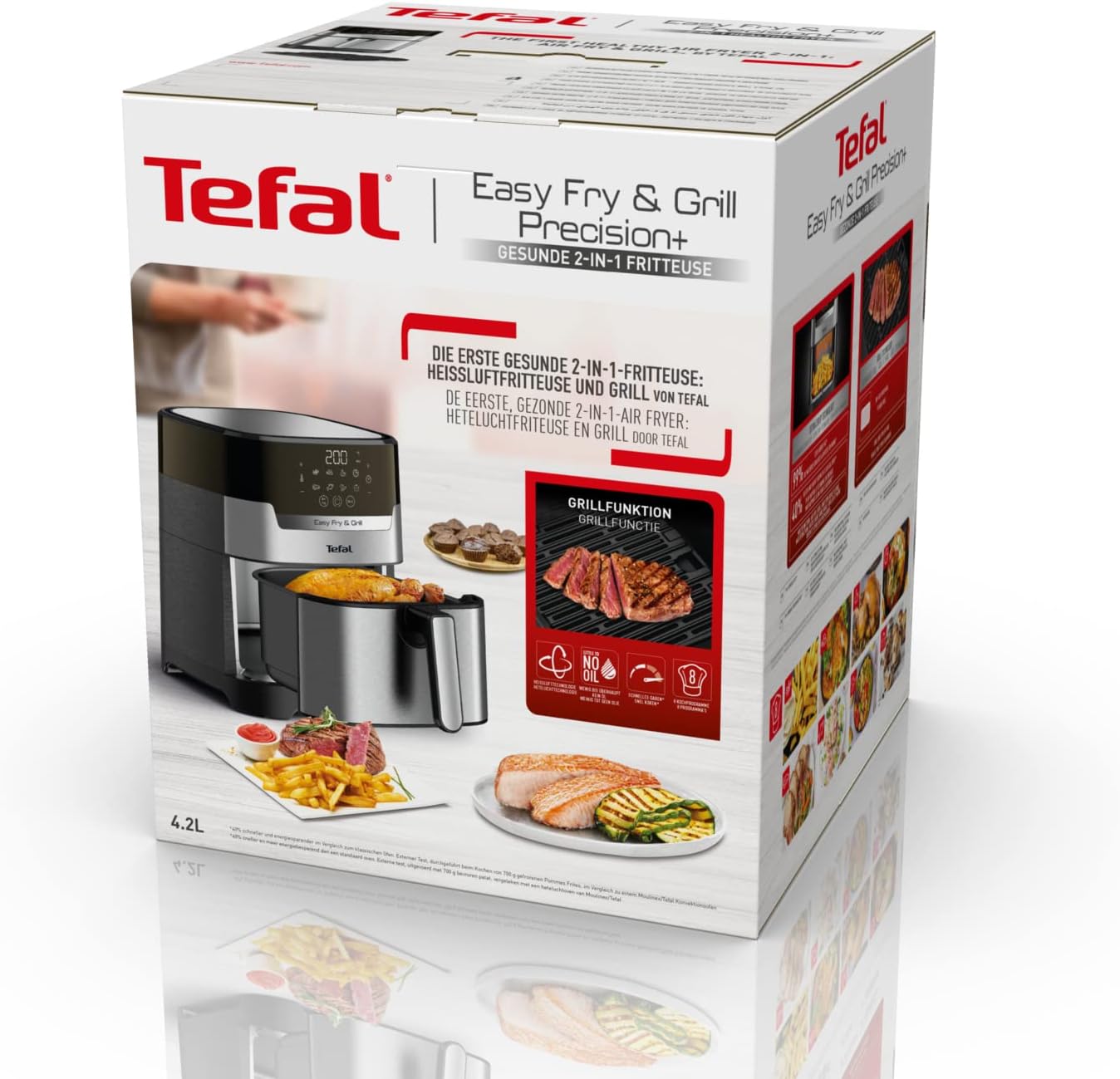 Tefal Easy Fry & Grill Heißluftfritteuse, 2-in-1-Technologie, Heißluftfritteuse und Grill, digitales Display, 4,6 Liter für 6 Portionen, 8 Kochprogramme, energiesparend, kein Öl, Edelstahl, XL-Volumen, EY505D – Bild 12
