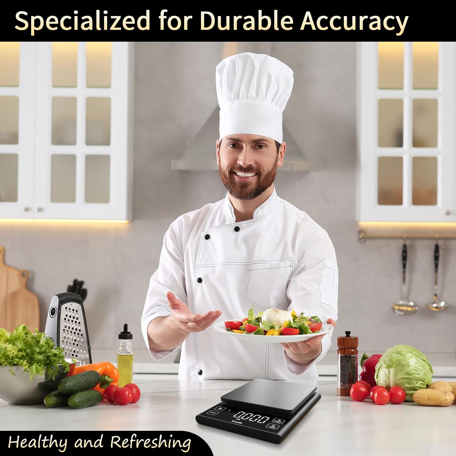 Vitafit 5kg Küchenwaage Digital, Hohe Genauigkeit 0,1g durch Unser Professionelle Fabrik Seit 2001, Waage Küche mit Prozentfunktion für Kochen/Backen/Kaffee, Edelstahlplattform, Großes LED, Schwarz – Bild 7