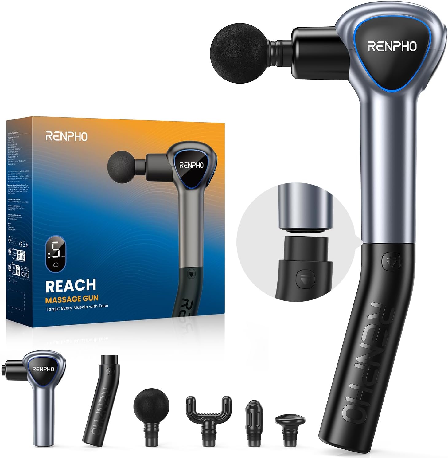 RENPHO Massagepistole, bestes Geschenk mit Verlängerungsgriff, Reach-Massagepistole, Massagegerät, Muskelmassage mit berührbarem LED-Bildschirm für Heimtraining und Entspannung, Grau