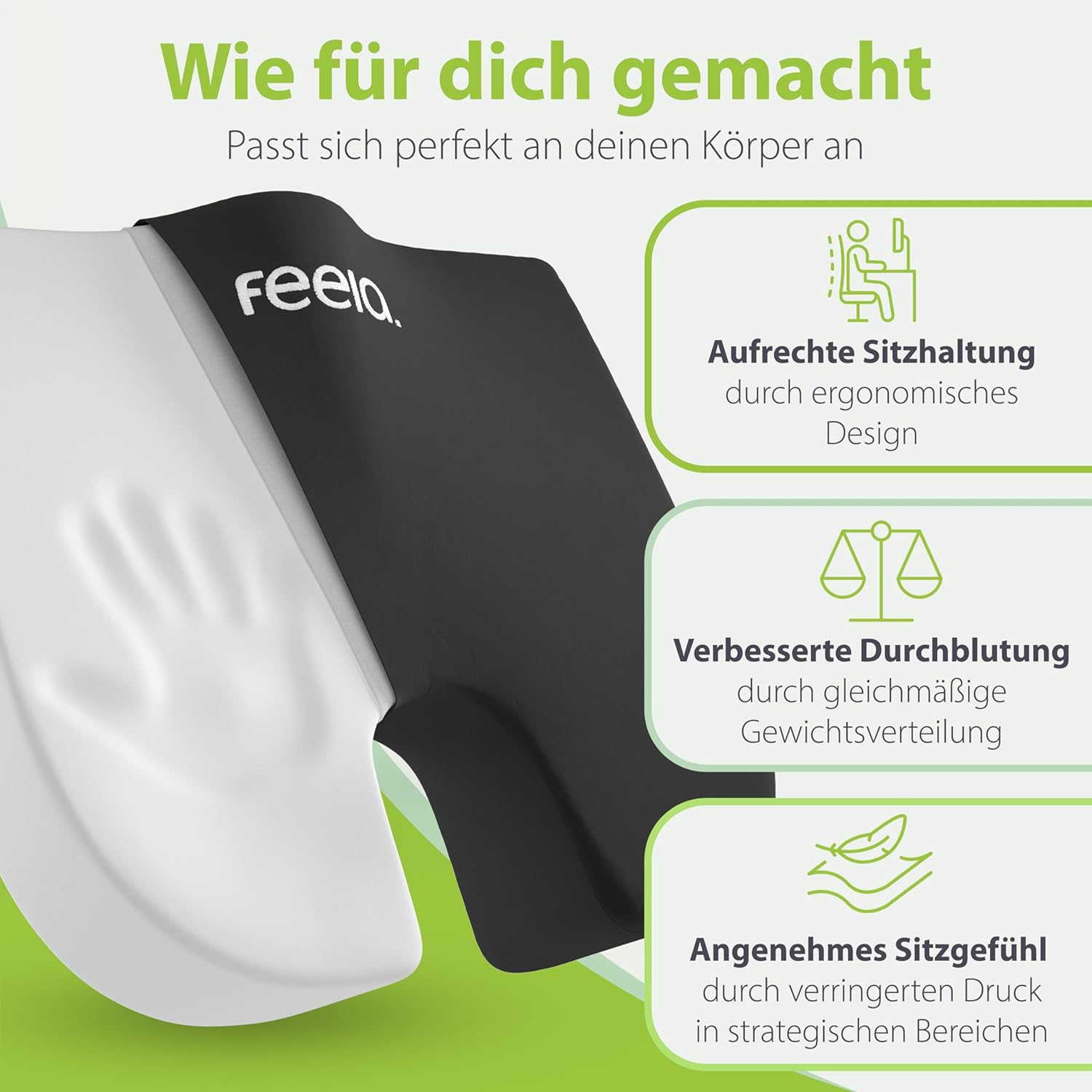 Feela. Orthopädisches Keilkissen (3 Härtegrade) – Haltungskorrektur aus Memory-Schaum für mehr Sitzkomfort und Linderung von Ischias – ideales Sitzkissen für Stuhl für Büro und Sofa (mittel) – Bild 3