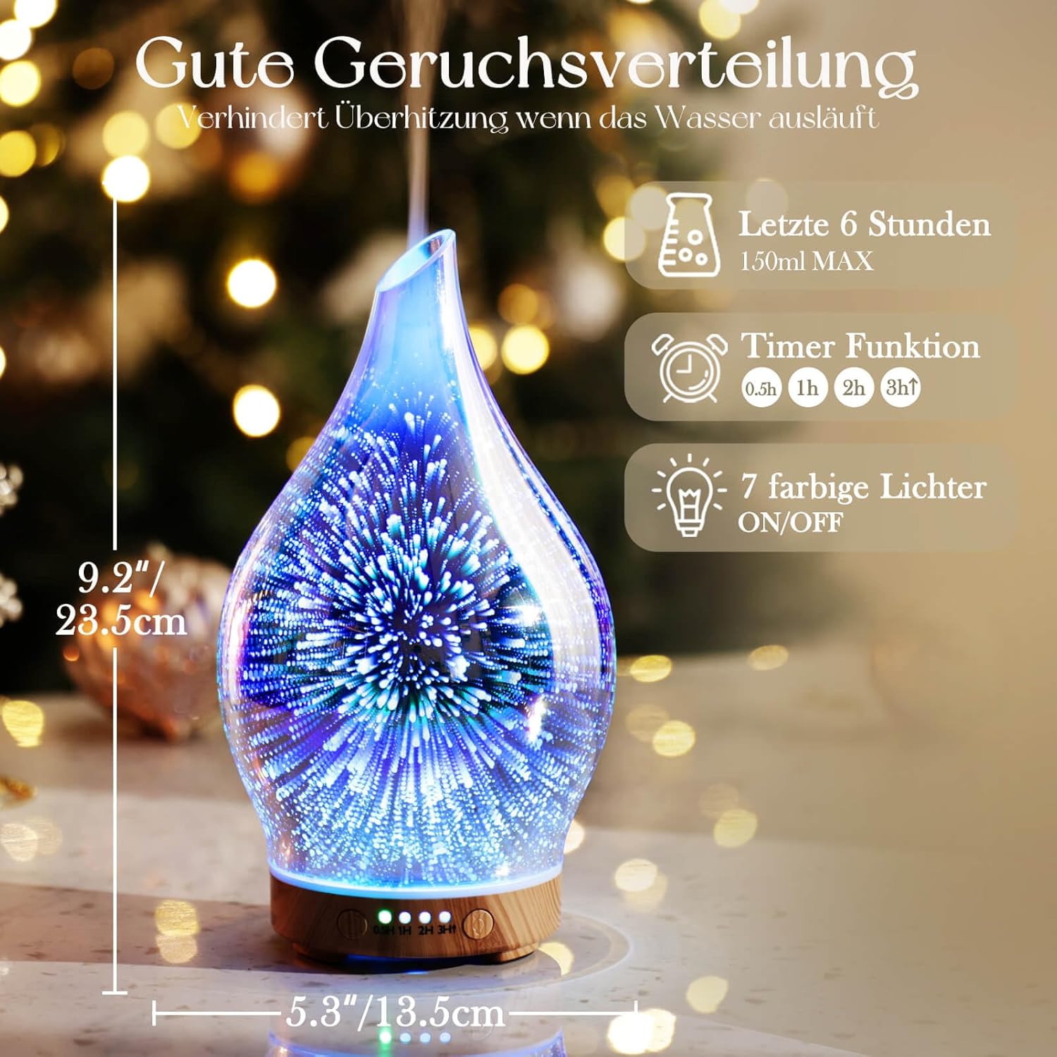 Porseme Aroma-Diffusor 150 ml, mundgeblasener 3D-Glas-Luftbefeuchter, Ultraschall-Aromatherapie-Öl-Diffusor mit 7 farbigen LED-Lichtern, Diffusor für ätherische Öle mit Timer, BPA-frei für Zuhause (Silber) – Bild 2