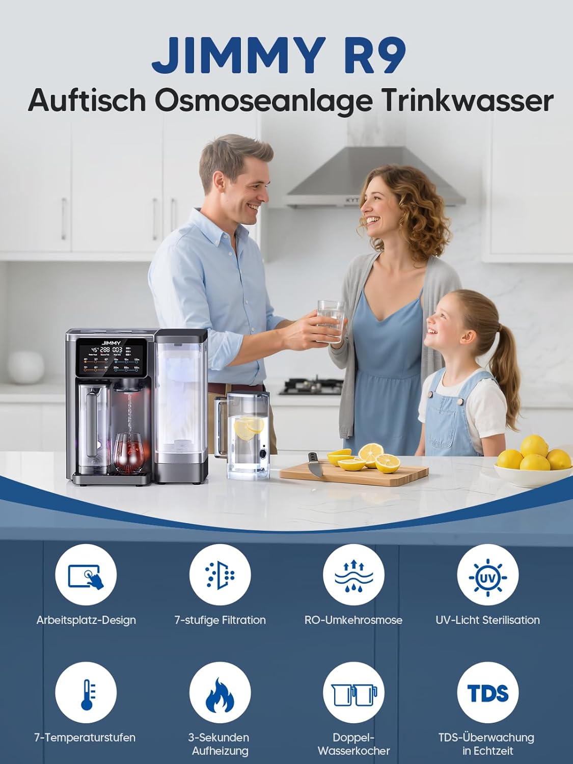 Jimmy R9 Osmosesystem-Trinkwasser-Arbeitsplatte, Umkehrosmosesystem-Wasserfilter, mit Heißwasserspender, 7-Stufen-Filterung von Umkehrosmose und Mineralien, UV, 3S-Heizung, 7 Temperaturoptionen, Echtzeit-TDS-Monitor – Bild 2