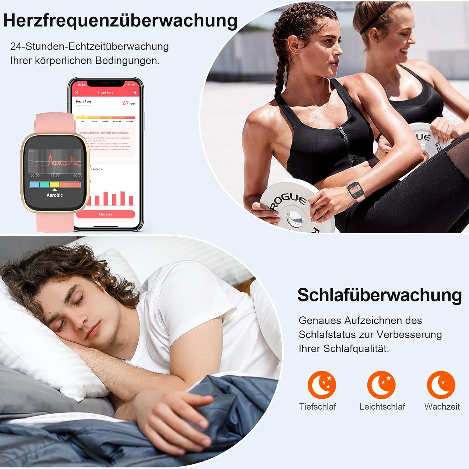 Smartwatch Damen Herren, 1,85 Zoll Touchscreen Smartwatch mit Anrufen, 112 Sportmodi, Fitnessuhren mit Herzfrequenzmesser/Schlafmonitor/Schrittzähler, IP68 wasserdichte Sportuhren für Android, Pink – Bild 6