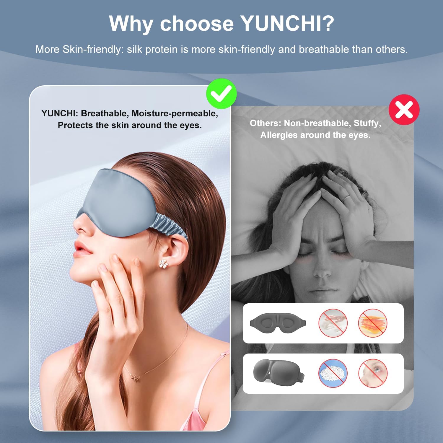 YUNCHI Schlafmaske aus 100 % Seide für Damen und Herren, Mädchen, verstellbare Augenmaske, Damen-Schlafbrille, 19 Momme, reine Maulbeerseide, atmungsaktiv, Reiseschlafbrille, Unisex-Set mit Ohrstöpseln – Bild 3