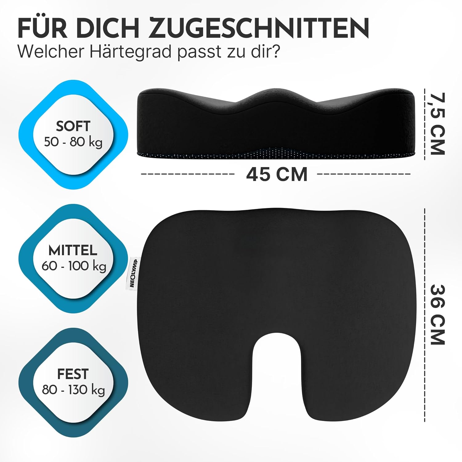 NEOLYMP Orthopädisches Sitzkissen – Memory Foam Kissen mit Steißbeinaussparung – Ergonomisches Design für Büro, Auto & Reisen – 3 Härtegrade für Sitzkomfort (Schwarz, Mittel, 60-100 kg) – Bild 2