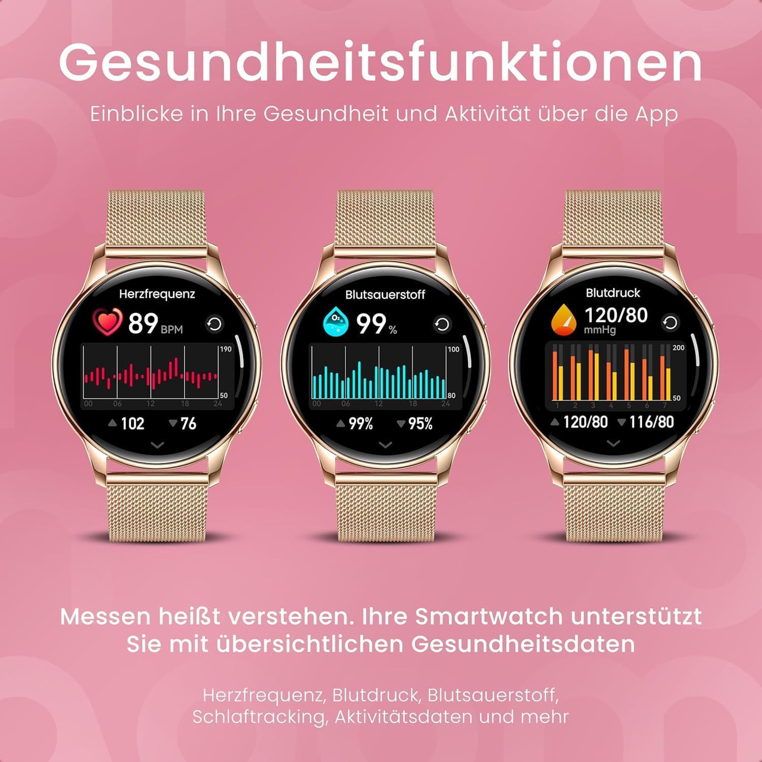maoo Ventura Damen Smartwatch mit Anruffunktion, 1,32 Zoll AMOLED Display, Herzfrequenzmesser, SPO₂, Blutdruckmessgerät, 100+ Sportmodi, IP67 wasserdicht, inklusive 5 Armbändern (Roségold) – Bild 9
