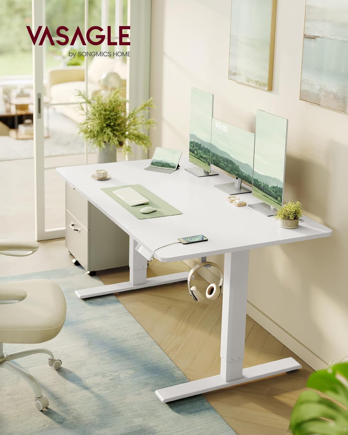 VASAGLE höhenverstellbarer Schreibtisch, 140 x 80 cm, USB-C-Anschluss, Steckdosenleiste, Stehtisch, Erinnerung an langes Sitzen, 3 Speichertasten, für Büro, mattweiß LSD144WZ02 – Bild 2