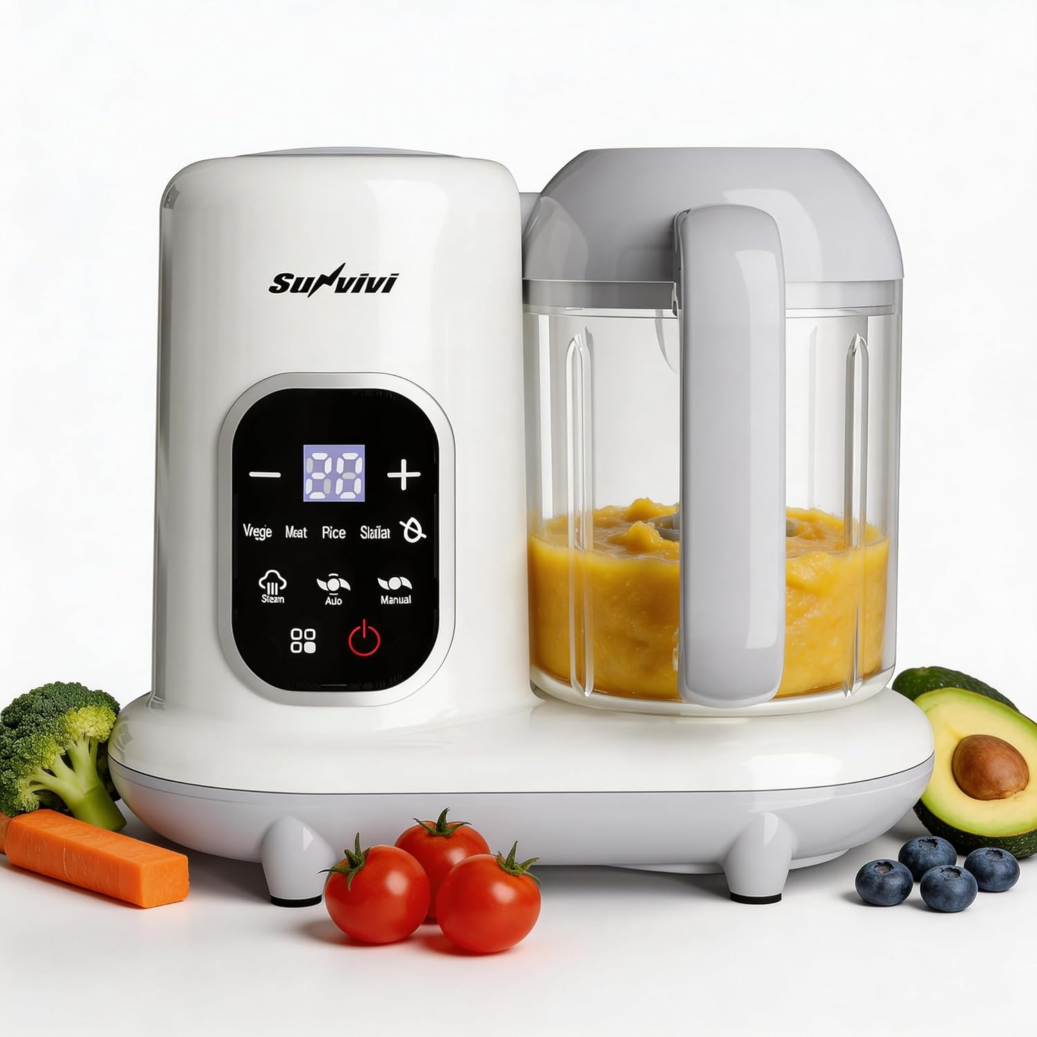 Sunvivi Babynahrungszubereiter 8-in-1 mit Dampfgarer und Mixer, 350 g Babynahrungszubereiter mit großer Kapazität, multifunktionaler Babybreibereiter mit LCD-Display, Sterilisator, Wärmer und Auftaufunktion