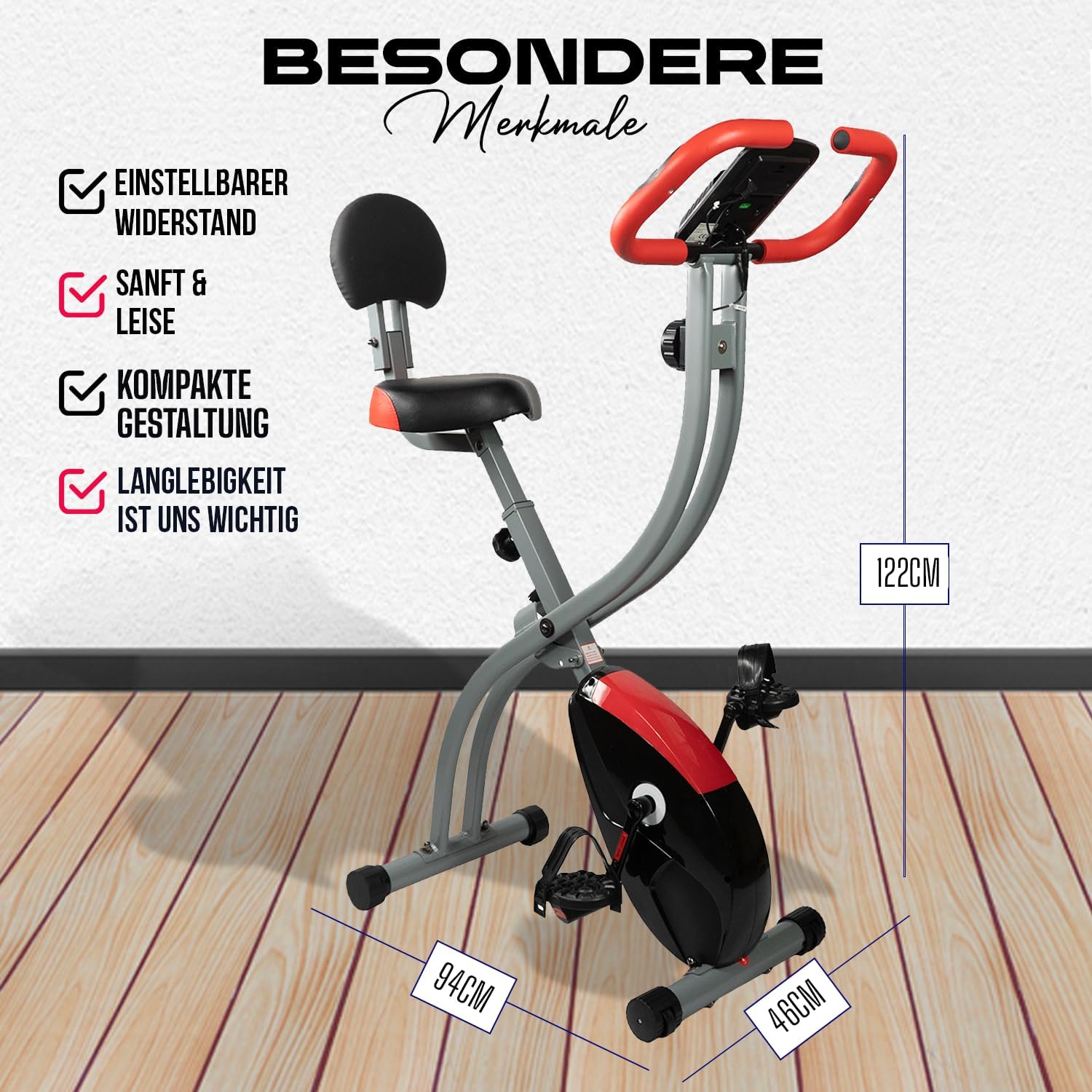 Senioren-Heimtrainer, faltbarer Fahrradtrainer, Heimtrainer, Fitnessfahrrad, LCD-Trainingscomputer, faltbarer Heimtrainer, inklusive Pulsmessung, 8 Widerstandsstufen – Bild 8