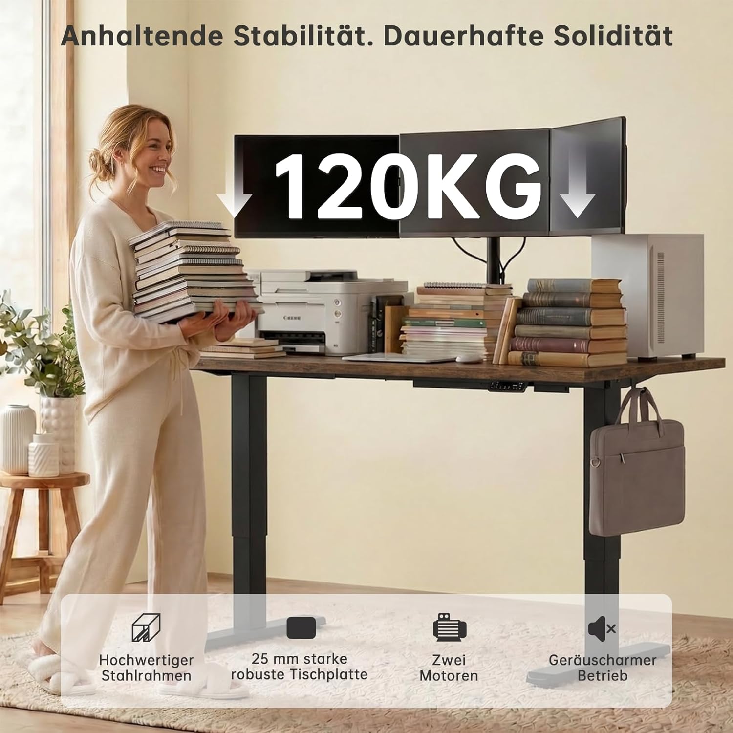 Devoko Höhenverstellbarer Schreibtisch mit 2 Motoren, 25 mm einteilige Tischplatte, 160 x 80 cm, elektrischer Computertisch mit Kabelmanagement, Vintage-Braun, perfekte Ergonomie für Ihr Büro – Bild 3