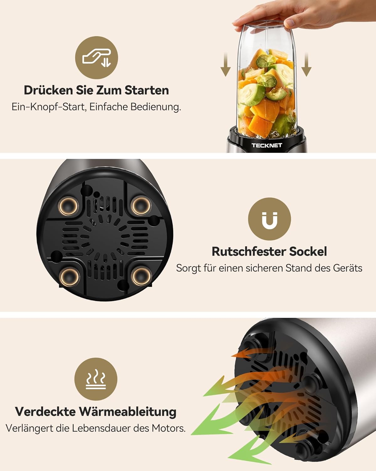 TECKNET 1000 W Smoothie Maker, Standmixer mit 2 BPA-freien 600 ml tragbaren Bechern, klein mit Kreuzklingen aus 304 Edelstahl, leicht zu reinigen, Mixer elektrisch für Shake, Smoothie & Babynahrung – Bild 3