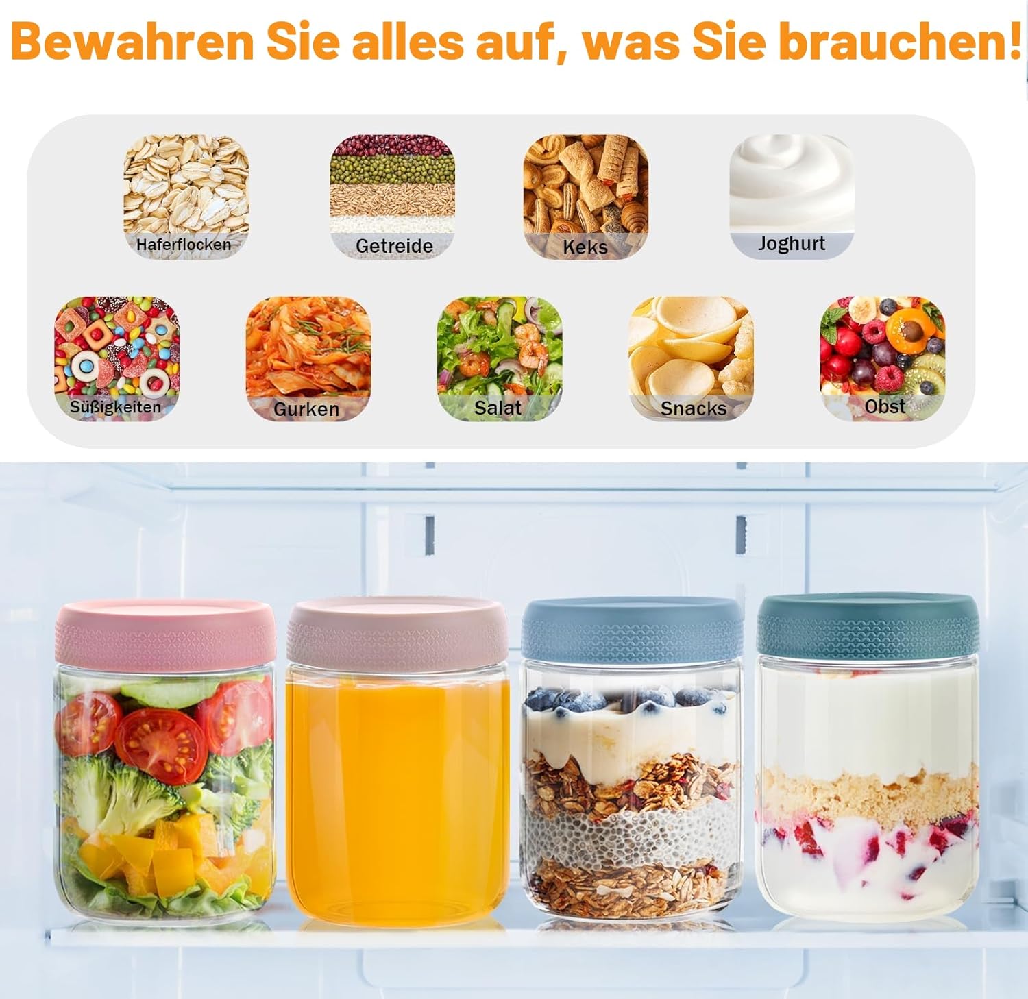 500-ml-Overnight-Oats-Gläser, 6 Stück Meal-Prep-Gläser mit Deckel und Löffel, Weithalsgläser mit Deckel, Joghurt-Snacks, Obst, Salatdressing, Soße, Getreide auslaufsicher – Bild 6