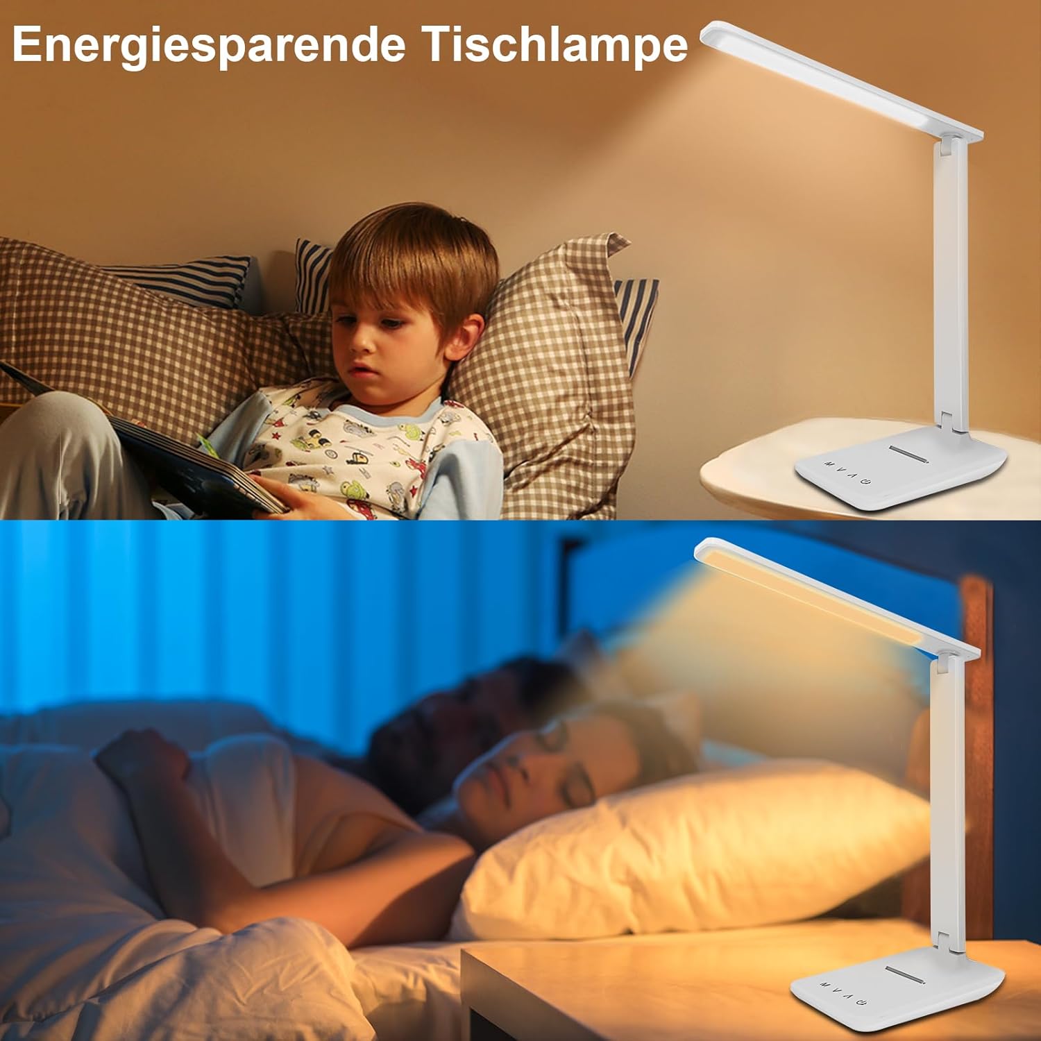 Jumoking Schreibtischlampe LED Dimmbar Augenschutz, Schreibtischlampe mit 5 Farben und 5 Helligkeitsstufen, Tischlampe mit USB-Ladeanschluss, Touch-Steuerung für Kinder, Schlafzimmer, Lesen, Büros (Weiß) – Bild 2