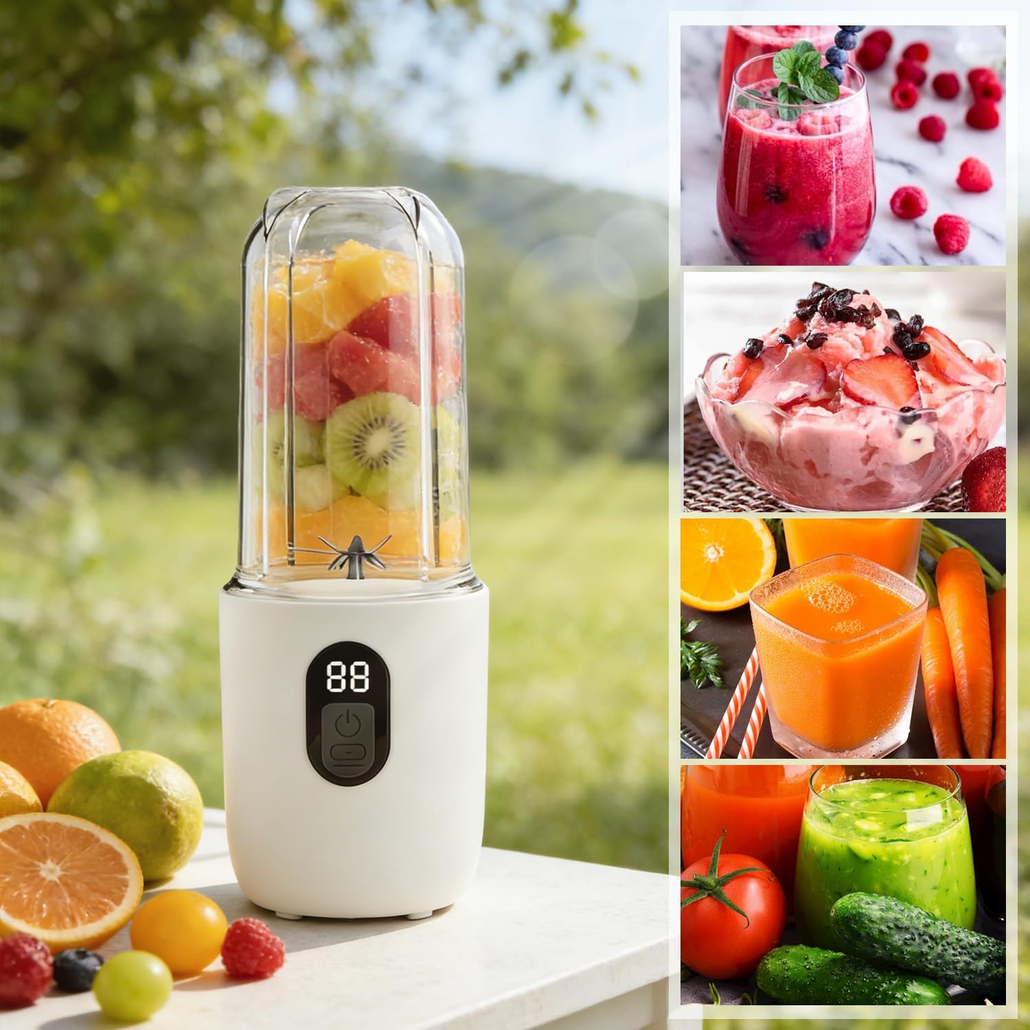 Tragbarer Mixer Smoothie Maker to Go, 500 ml tragbarer elektrischer Entsafter mit Digitalanzeige, 16 Blatt SUS-Schneidkopf & USB, Mini-Standmixer für Fitnessstudio, Büro, Camping (weiß) – Bild 3