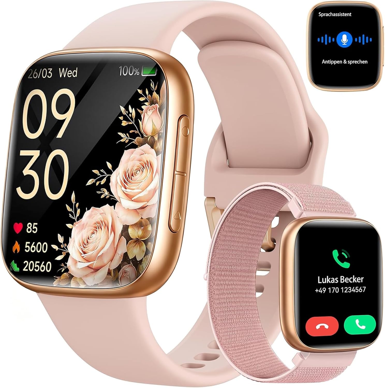 Smartwatch Damen Herren, 1,85 Zoll AMOLED-Touchscreen, Fitness-Tracker mit Bluetooth-Anrufen und KI, Herzfrequenz, SpO2, Schlaf- und Damenzyklus-Tracking, über 100 Sportmodi, 3ATM wasserdicht für iOS und Android