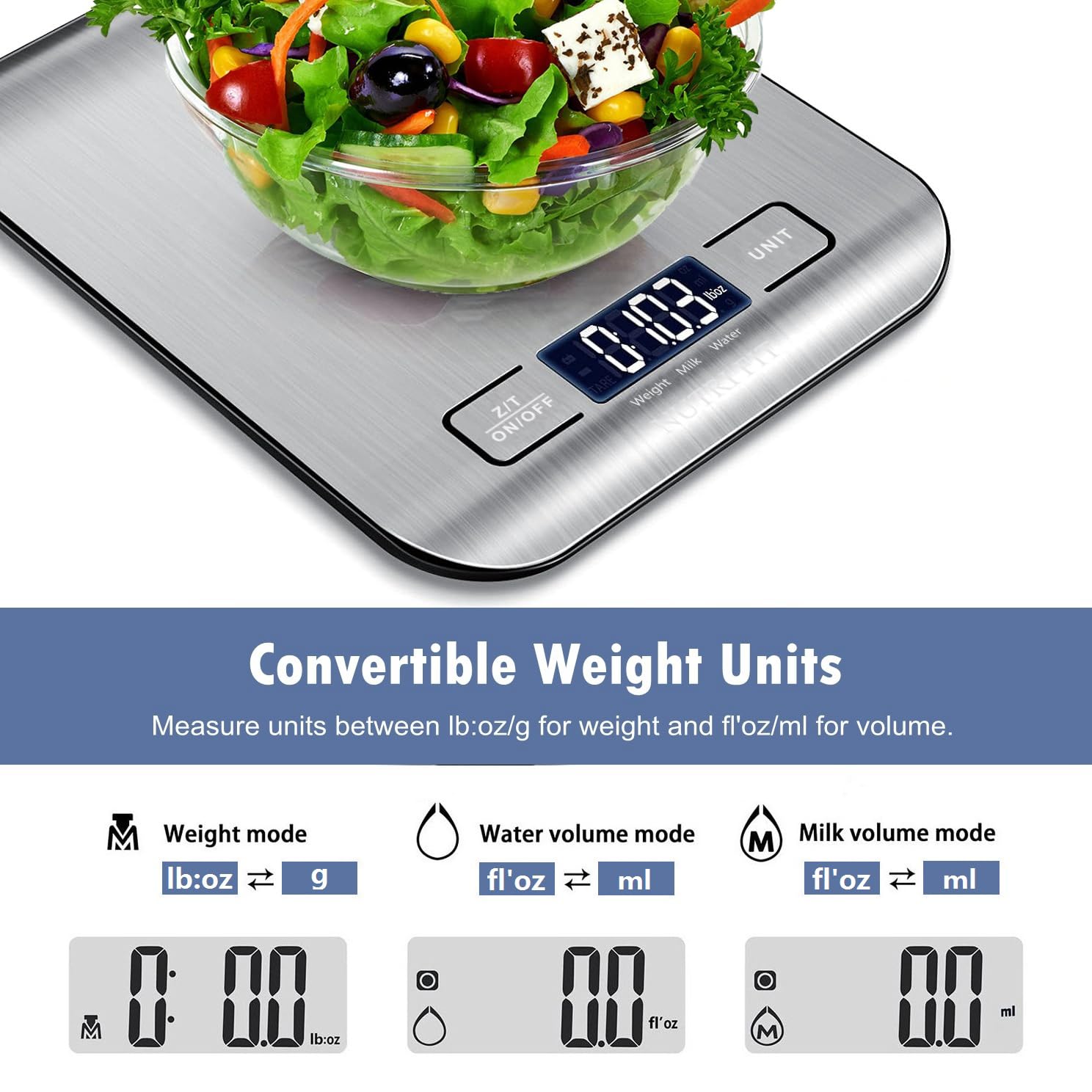 NUTRI FIT Digitale Küchenwaage aus Edelstahl, ultraflache elektronische Kochwaage Lebensmittelwaage, 4 Einheiten, 5kg/11lb, LCD-Anzeige, AAA Batterien-Silbergrau – Bild 4