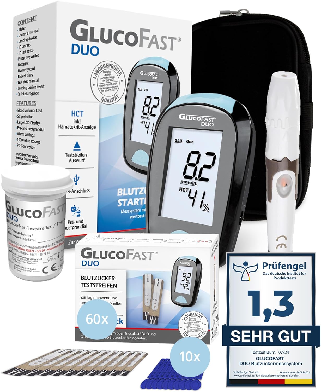 Duo Blutzuckermessgerät (mmol/L) Set mit 60 Teststreifen und 10 Lanzetten, zertifiziertes Diabetes-Messsystem mit hoher Genauigkeit, einfach zu bedienen