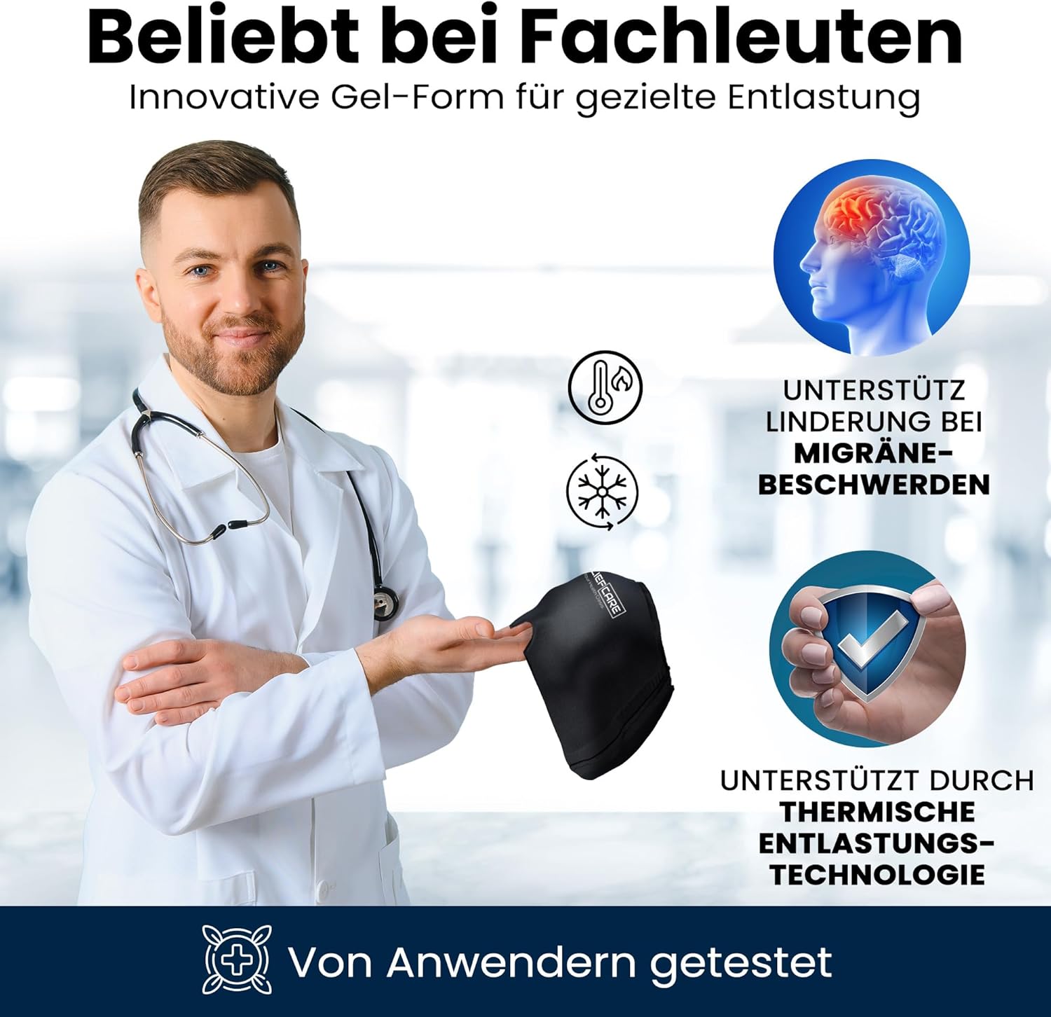 RELIEF CARE Migränemaske, Kühlmaske, 360°-Gel-Entlastungshut, Kühlkappe und Schlafmaske – zur Linderung von Migräne, Kopfschmerzen, Druck, geschwollenen Augen, Kühlhut, Entspannung und Wohlbefinden – Bild 3