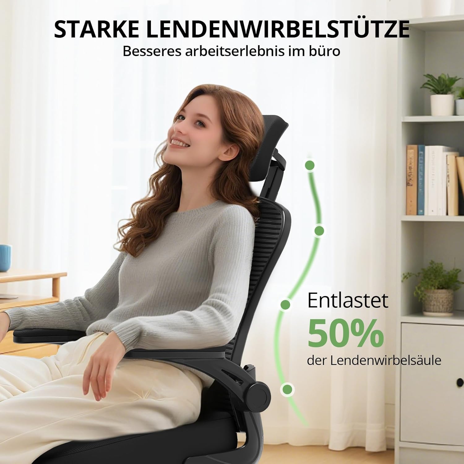 Synorla Bürostuhl, Langzeitkomfort, Schreibtischstuhl mit hoher Rückenlehne für den Heim-/Bürogebrauch, 360° drehbarer Gaming-Stuhl mit um 90° hochklappbaren Armlehnen und verstellbarer Lendenwirbelstütze, Schwarz – Bild 3