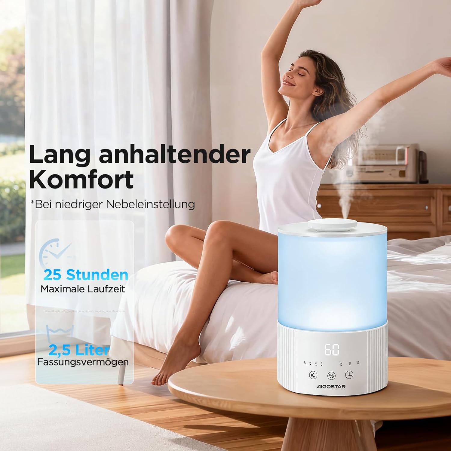 Aigostar Schlafzimmer-Luftbefeuchter mit Hygrometer – 2,5 l Ultraschall-Raumbefeuchter, 28 dB leise, Aromadiffusor für ätherische Öle, 3 Nebelstufen und Timer – für Baby, Pflanzen und Büro – Bild 2