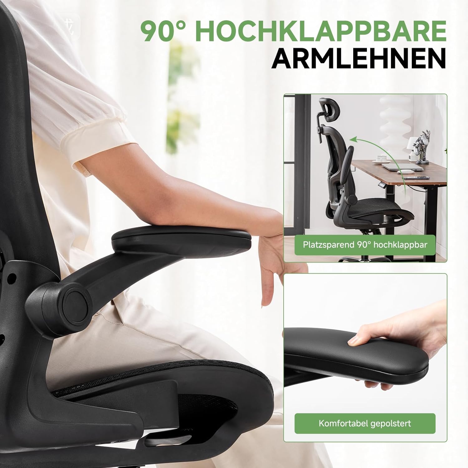 GTPLAYER Ergonomischer Bürostuhl mit verstellbarer Kopfstütze, Armlehnen, Lordosenstütze, Bürostuhl & Gaming-Stuhl, Wippfunktion, Mesh-Chefsessel, 150 kg (Schwarz) – Bild 4