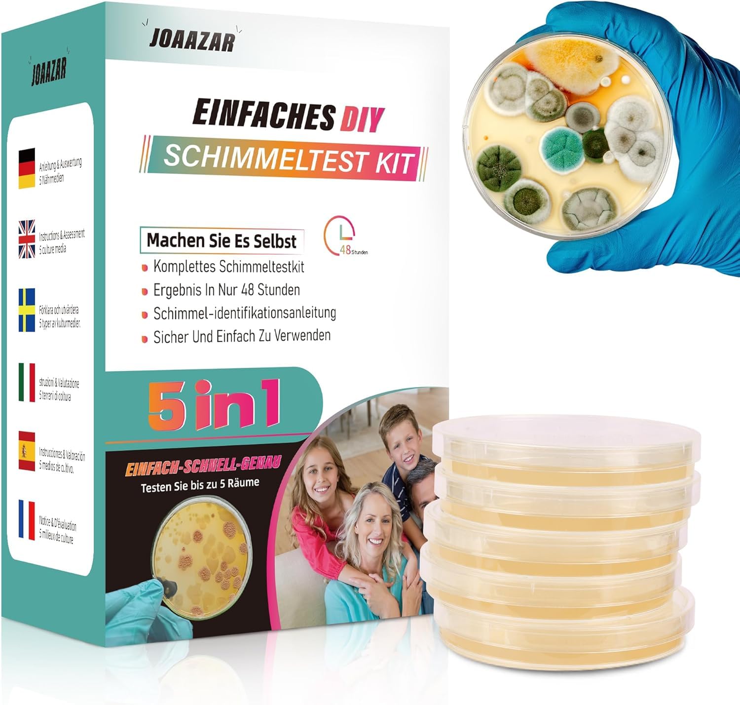Schimmeltest Kit für ZuHause - Schimmelpilz Test für 6 Räume - Schimmelpilz Schnelltest Raumluft Kit für die Luftqualität in Innenräumen - Inklusive Identifikationsleitfaden & Anleitung