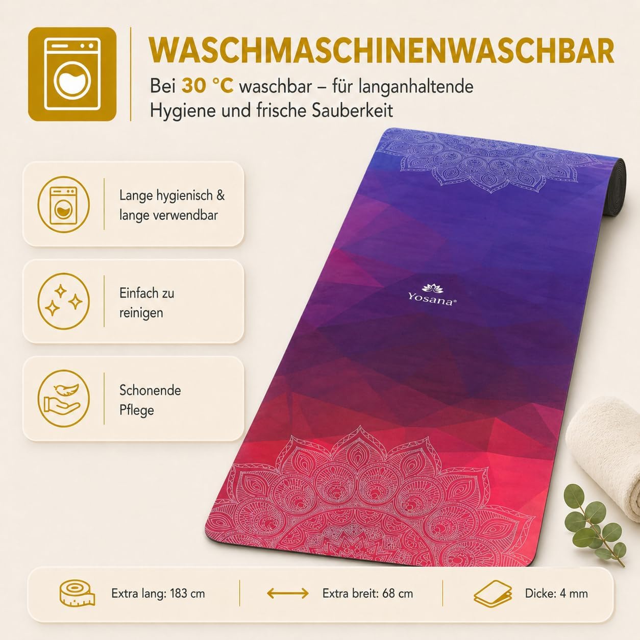 Yosana Yogamatte aus Naturkautschuk – rutschfeste, nachhaltige Yogamatte mit Mikrofaseroberfläche zur schnellen Aufnahme von Schweiß – maschinenwaschbare Sportmatte – 183 x 68 cm – Bild 5