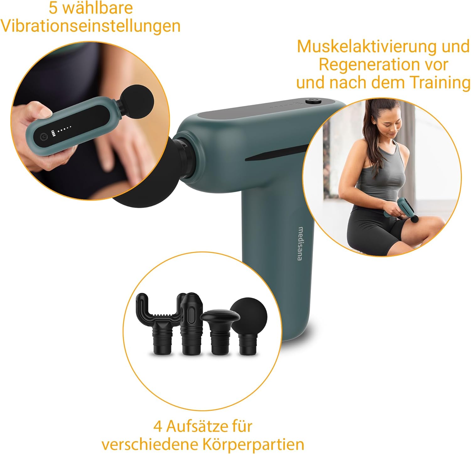 medisana MG 200 Massagepistole, Massagepistole mit 4 Aufsätzen, Massagegerät mit Smart-Modus und 5 Intensitätsstufen für Entspannung und Massage, lange Akkulaufzeit, mit Aufbewahrungsbox – Bild 4