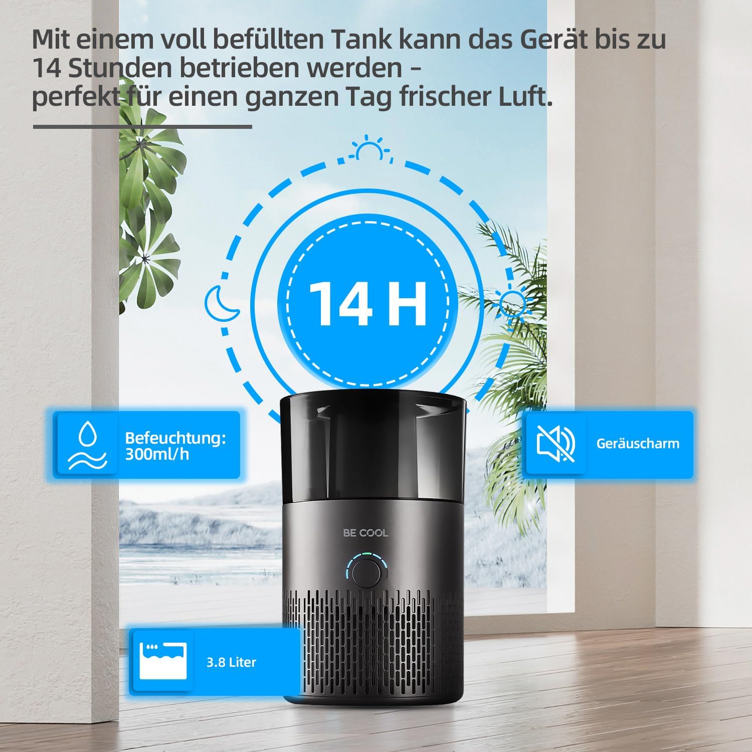 Be Cool Luftbefeuchter – 7 einstellbare Luftfeuchtigkeitsstufen / 360°-Drehung – 12 Stunden Betriebszeit, HEPA, gegen Pollen, leise – 3,8 l Tank/Schwarz – Bild 3