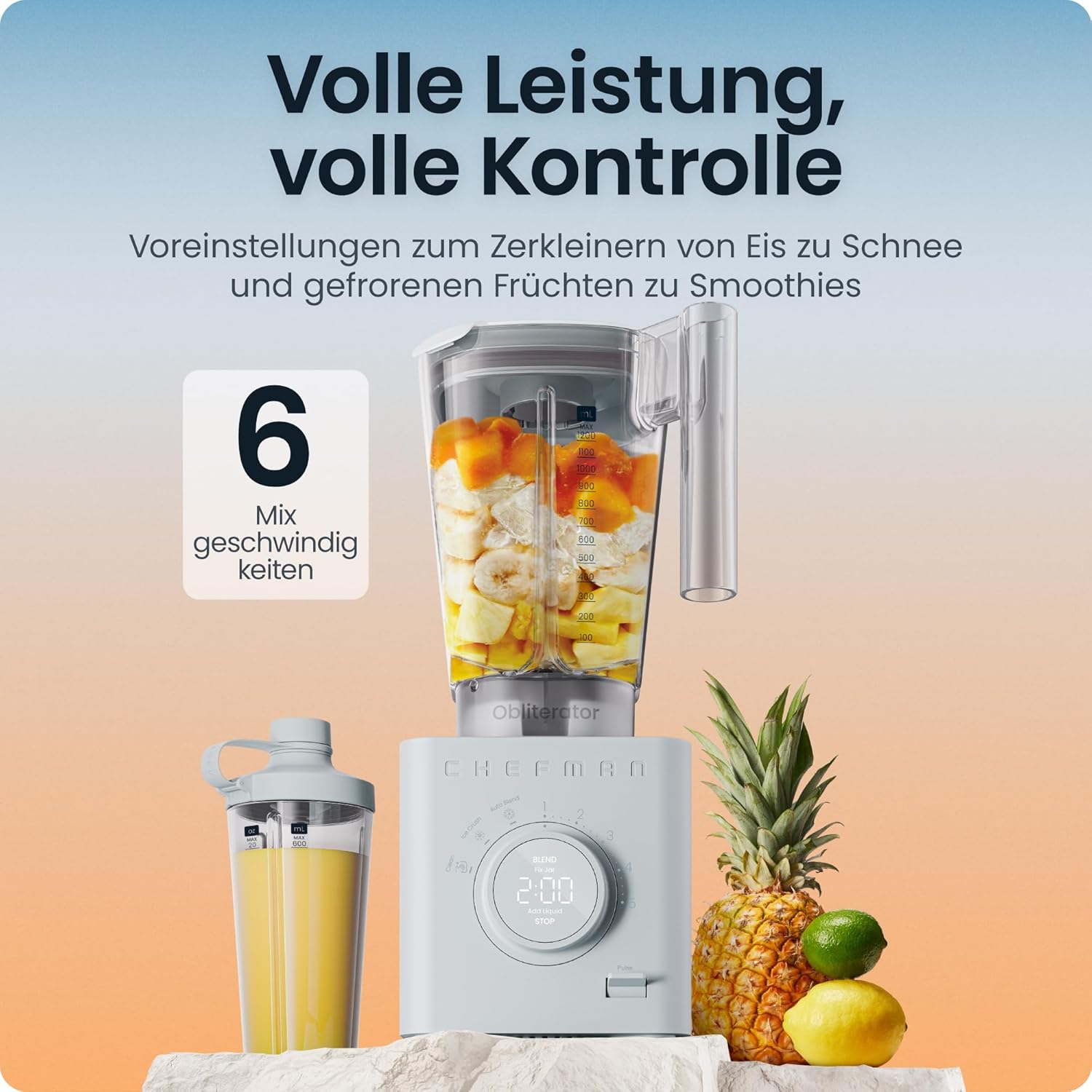 Chefman Obliterator 1,2-l-Mixer für Smoothies, 1350-W-Motor zum Zerkleinern von Eis, Nüssen und gefrorenen Früchten mit Edelstahlklinge, automatische Mischfunktion, inklusive 600-ml-Reisebehälter – Betongrau – Bild 9