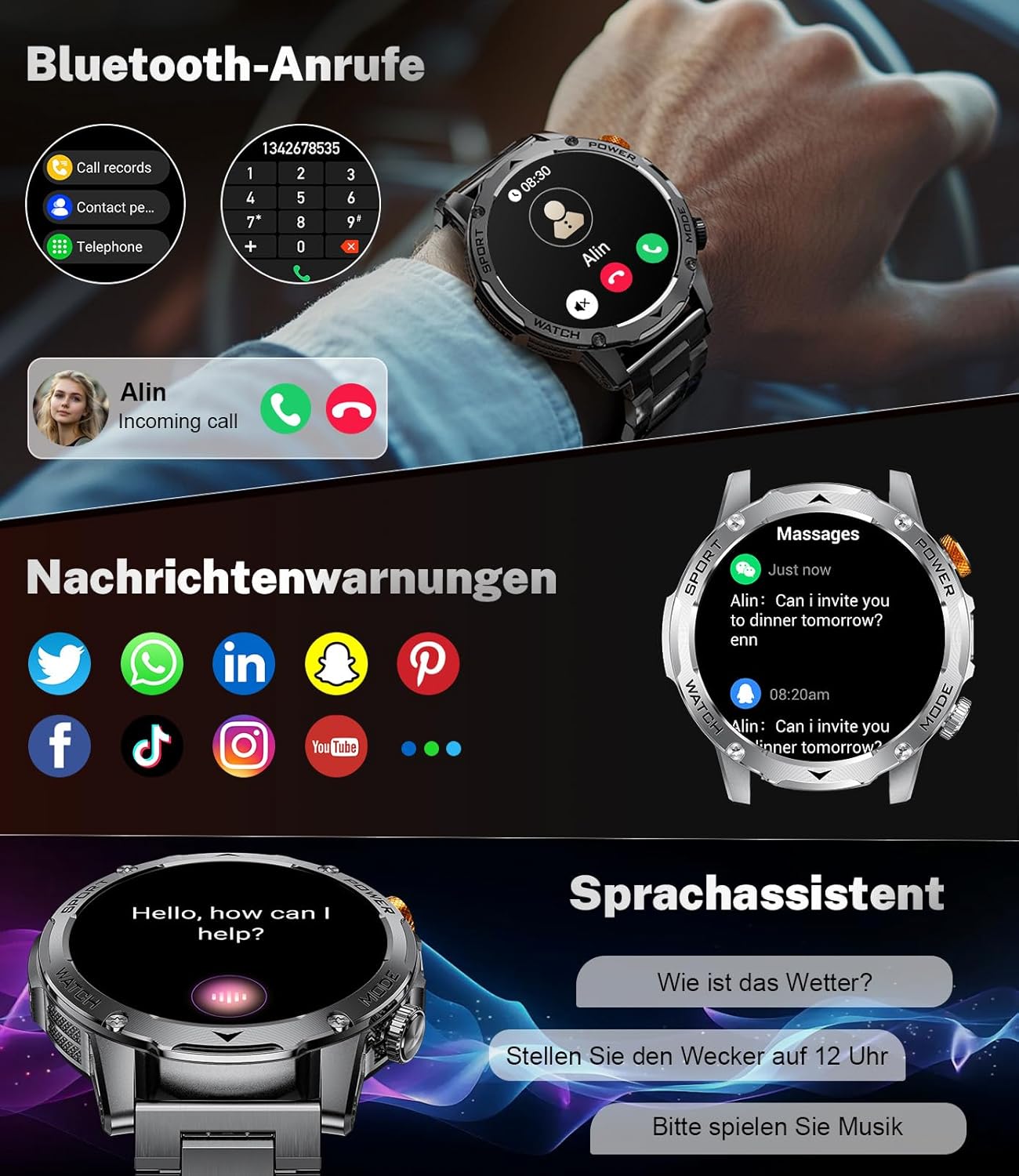 Smartwatch Herren Militär 1000 mAh Akku/1,75 Zoll HD großes Display, Smartwatch mit Taschenlampe/Bluetooth-Anrufe/130+ Sportmodi, IP68 wasserdichte Fitnessuhr mit Herzfrequenz-/Schlafmonitor, für Android iOS – Bild 7