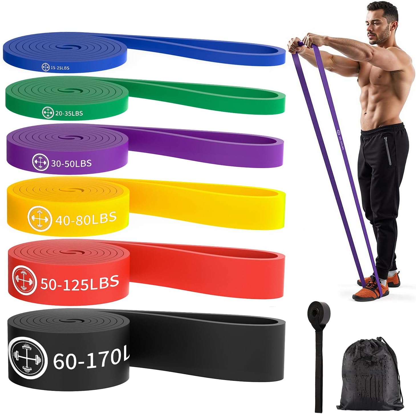 Fitnessbänder, Widerstandsbänder 6er-Set, Widerstandsbänder mit Türanker, Tragetasche. Widerstandsbänder für Pilates