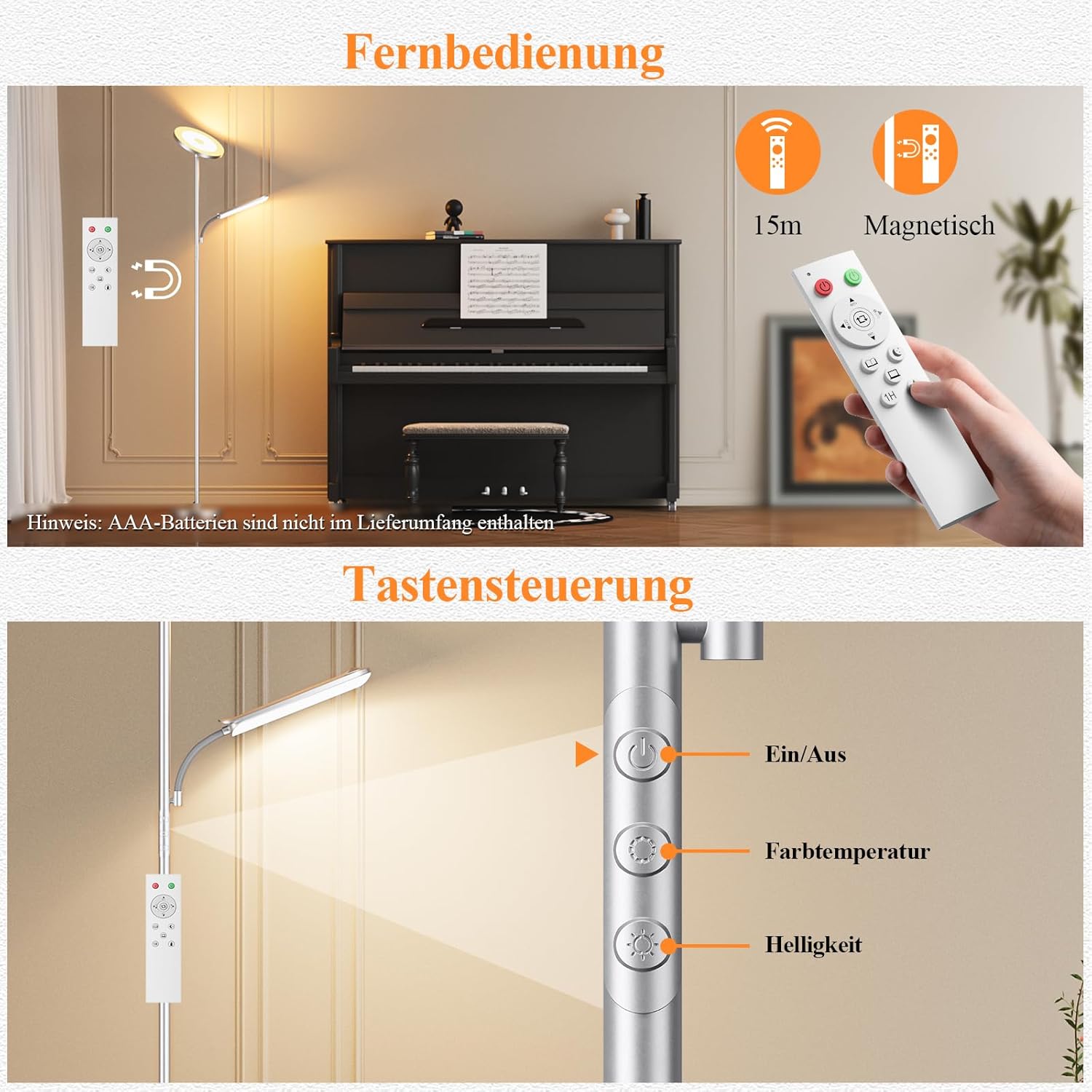 Wohnzimmer-Stehlampe, 42 W Deckenfluter mit Leselampe, 4200 LM LED-Stehlampe, dimmbar mit 2700 K-6500 K Farbtemperatur, moderne Stehlampe mit Fernbedienung und Touch-Steuerung – Bild 6