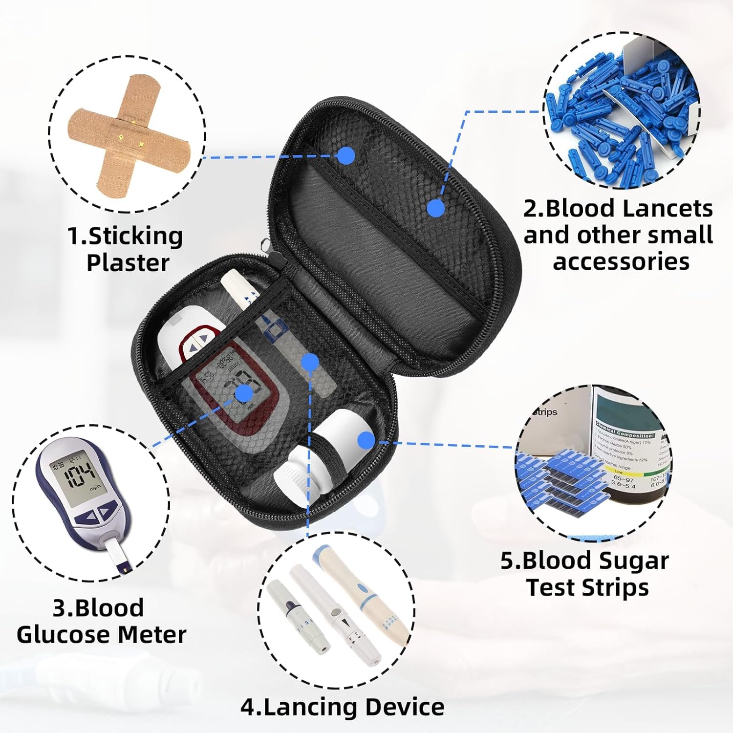 Diabetikertasche für Blutzuckermessgerät & Insulinstift – Organizer für Diabetes-Zubehör, Teststreifen, Lanzetten & Medikamente – Kompakte Reisetasche & Etui für Diabetiker, Schwarz – Bild 3