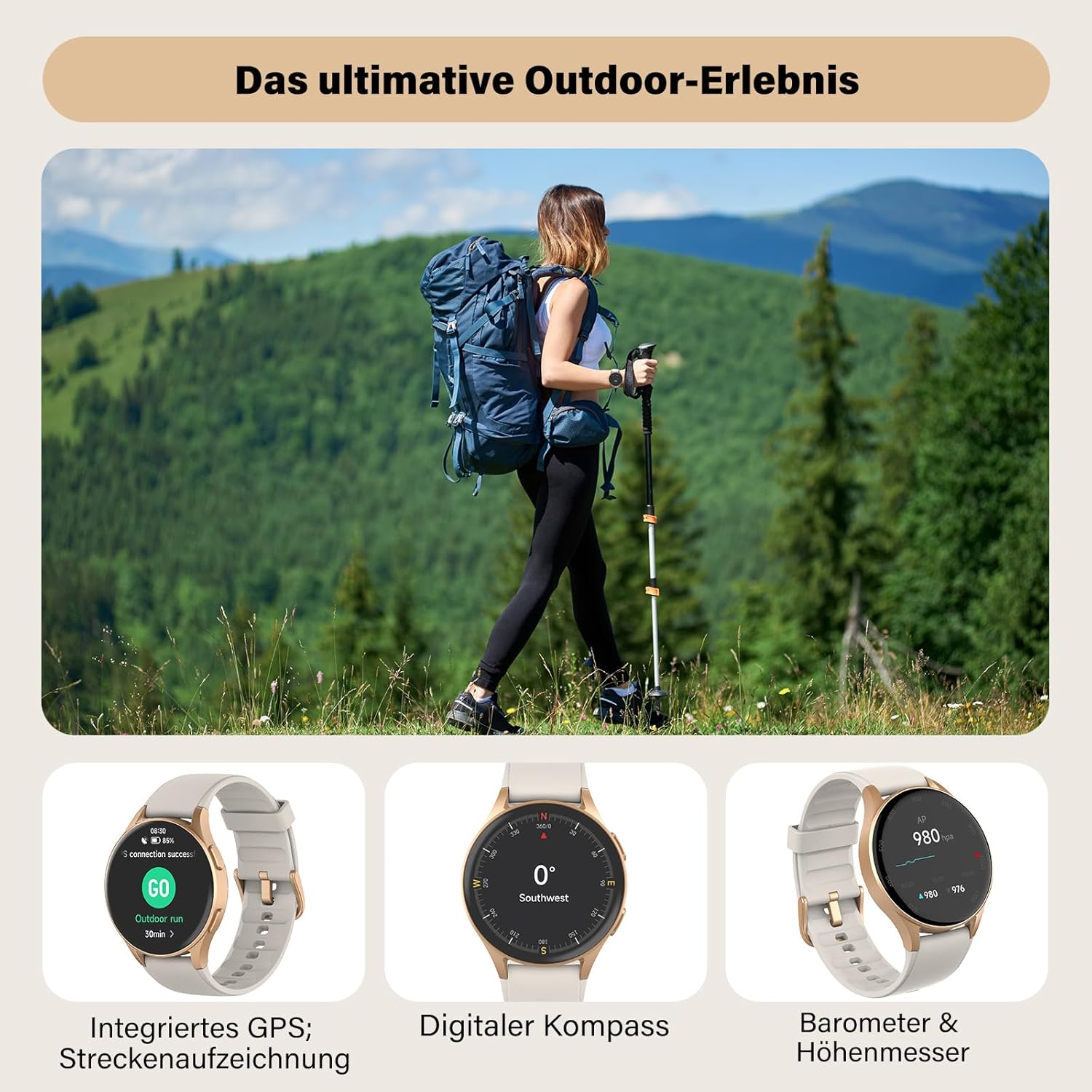 Smartwatch Damen Gold mit Telefonfunktion, 1,32" AMOLED Display Elegant, Fitness Uhr mit Alexa & GPS, SpO2/Puls/Zyklustracking, 5ATM Wasserdicht, Schrittzähler Uhr für Android iOS – Bild 3