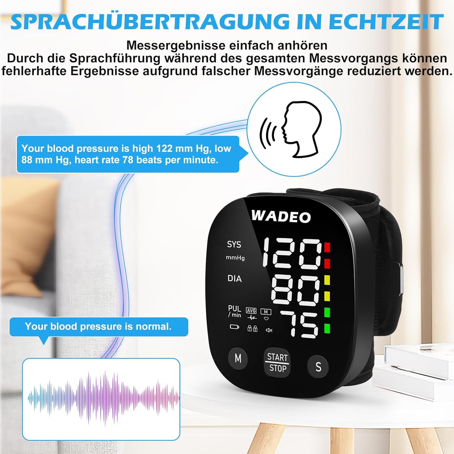 WADEO Digitales Handgelenk-Blutdruckmessgerät mit LCD-Display, Sprachansagefunktion, präzise Messung, 2 x 99 Speicher, tragbares Blutdruckmessgerät mit Arrhythmie-Erkennung für zu Hause oder auf Reisen – Bild 4