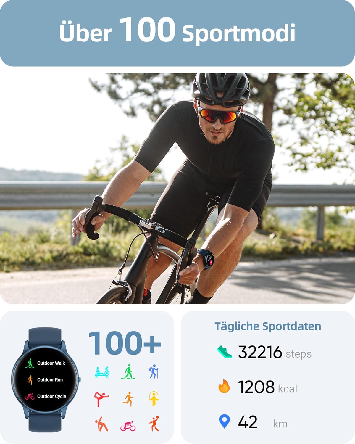 Parsonver SPROD1 Herren Runde Smartwatch mit Telefonfunktion, Fitnessuhr Damen Herren mit 100+ Sportmodi, Herzfrequenz-Schlafmonitor, Schrittzähleruhr mit IP68 Wasserdicht, Smartwatch, Damenuhr Blau, – Bild 4