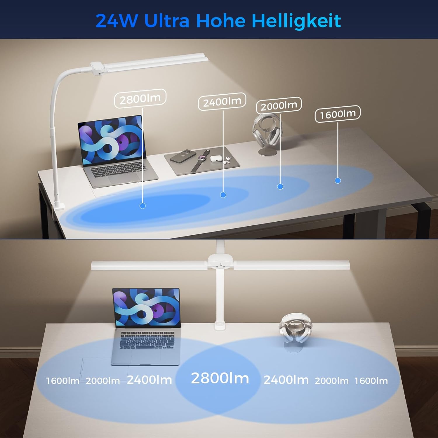 Schreibtischlampe LED Dimmbar - 1400LM 24W Doppelkopf Klemmbar Büroschreibtischlampe mit Fernbedienung 80CM Schwanenhals Schreibtischlampe Tageslichtlampe mit Ladefunktion Weiß W01 – Bild 3