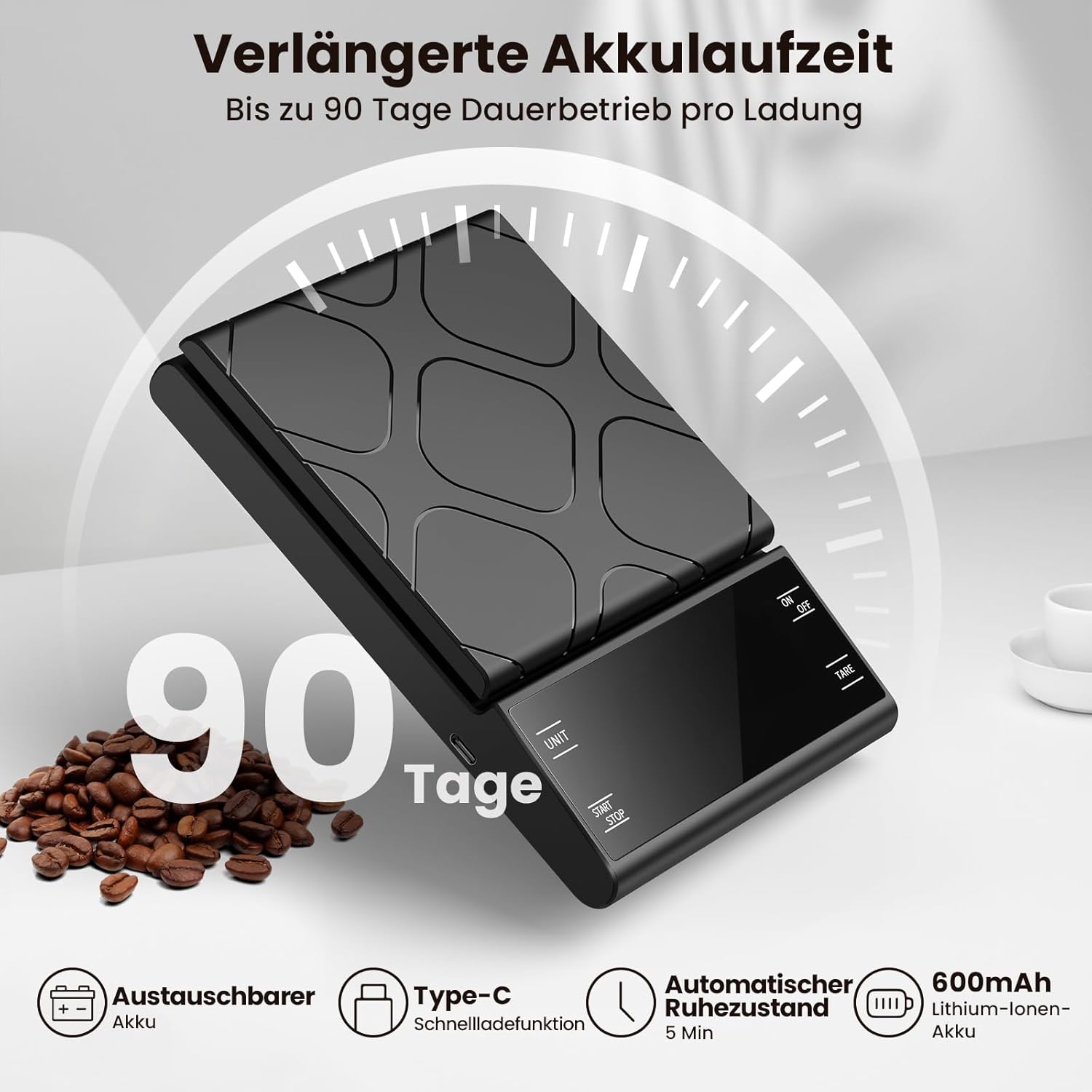 Digitale Kaffeewaage mit Timer, wiederaufladbare Espressowaage 5 kg / 0,1 g Präzisionswaage für Espresso und Übergießen, Küchenwaage digital mit Premium-LCD-Display automatisch für Schmuck – Bild 3