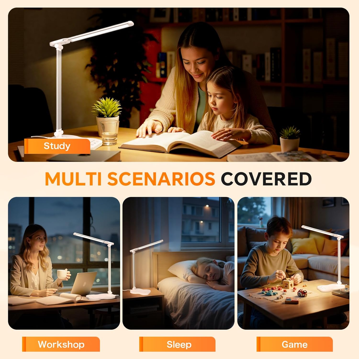 Caldarax Schreibtischlampe LED Dimmbar, Augenschutz Schreibtischlampe, 5 Farben und 10 Helligkeitsstufen, mit Timer und Touch-Steuerung, Tischlampe USB-Anschluss zum Lesen, Büro, Nachttisch, Arbeitszimmer (Weiß) – Bild 7