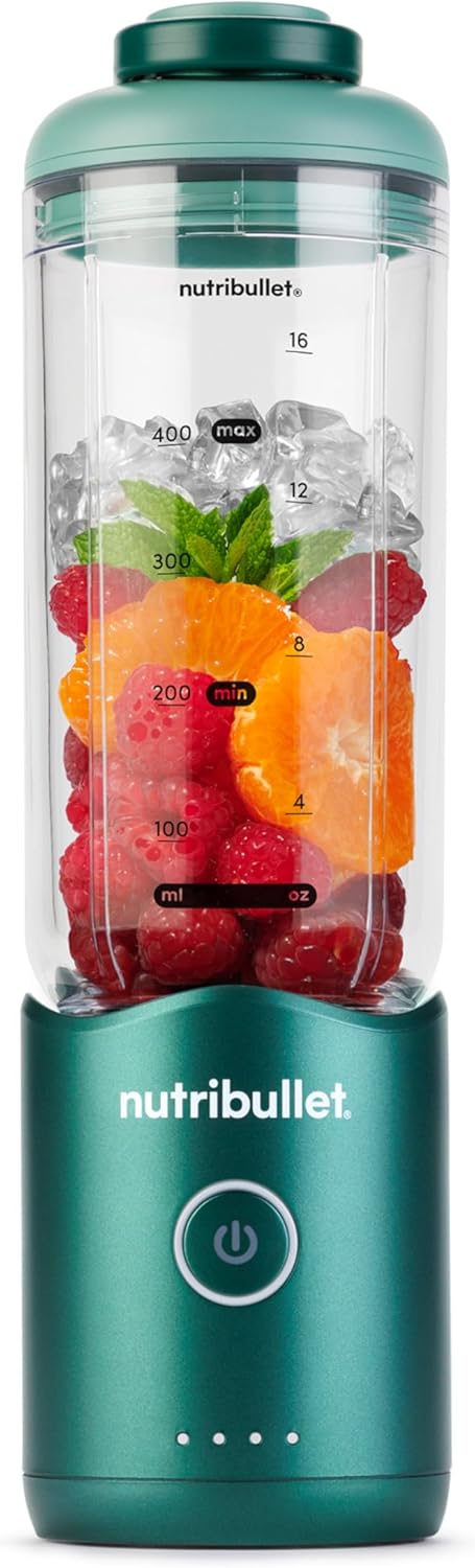 Nutribullet Flex 590 ml tragbarer Smoothie-Mixer mit Trinkdeckel, zerkleinert Eis und gefrorene Früchte, USB-C, Tragegurt, BPA-freier Becher, leicht zu reinigen, Waldgrün (NBP013GR)